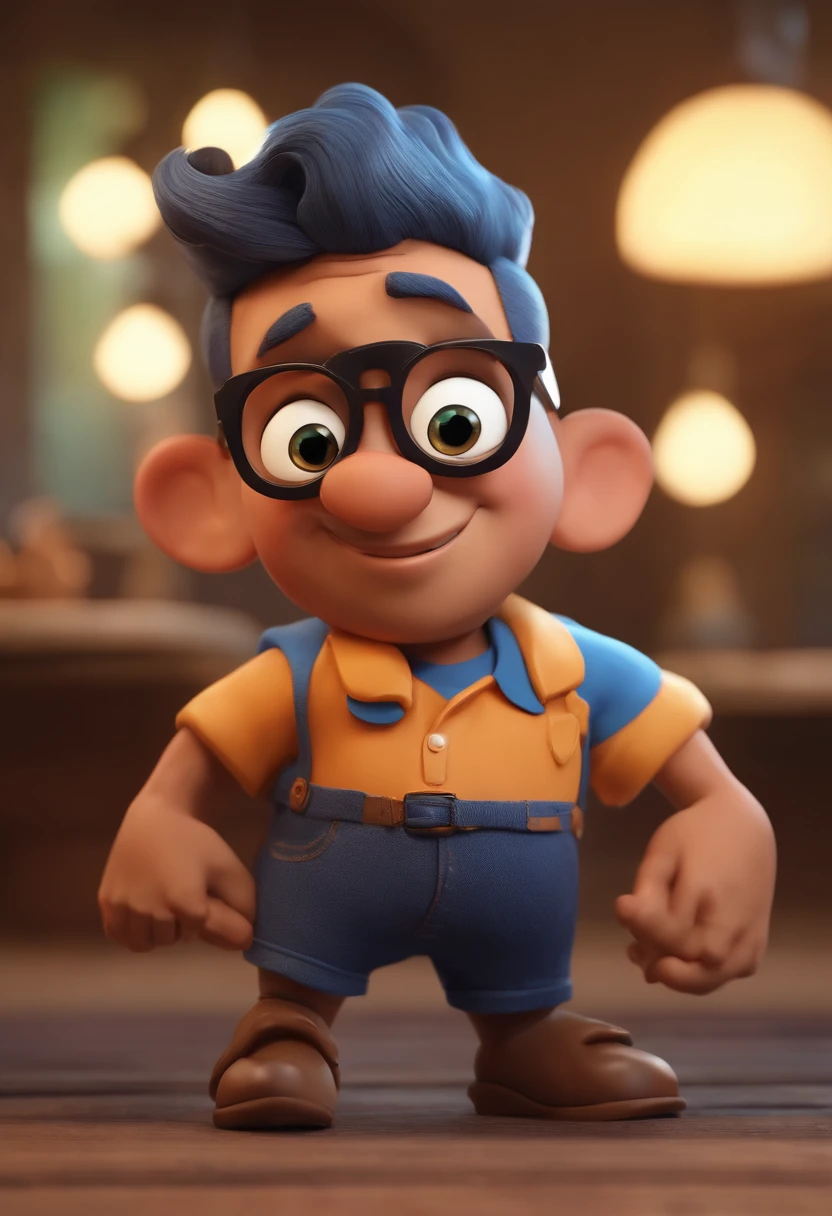 Cartoon character of a man with black glasses, cabelo cacheado marrom escuro e uma camisa azul, animation character, Caractere estilizado, animation style rendering, 3D estilizado, Arnold Maya render, 3 d render stylized, toon render keyshot, Personagem 3D, Personagem 3D, 3d rendering stylized, 3 d character render, personagem de desenho animado, Personagem de close up, Pose de personagem, (Estilo Pixar) (master part:1.2) (Bokeh) (best quality) (pele detalhada) (textura detalhada) (8k) (argila) (Cinematic lighting) (foco nítido
