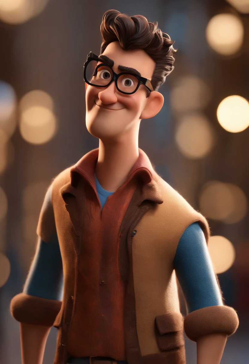Cartoon character of a man with black glasses, cabelo cacheado marrom escuro e uma camisa azul, animation character, Caractere estilizado, animation style rendering, 3D estilizado, Arnold Maya render, 3 d render stylized, toon render keyshot, Personagem 3D, Personagem 3D, 3d rendering stylized, 3 d character render, personagem de desenho animado, Personagem de close up, Pose de personagem, (Estilo Pixar) (master part:1.2) (Bokeh) (best quality) (pele detalhada) (textura detalhada) (8k) (argila) (Cinematic lighting) (foco nítido