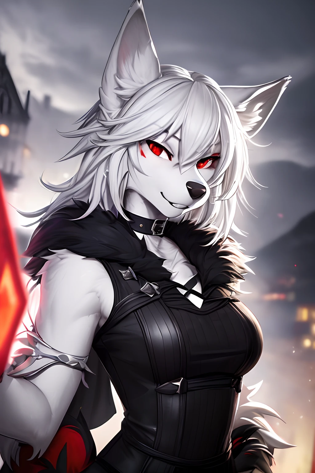 (masterpiece, best quality),altair, furry, furry female, 1girl, red eyes, animal_ears, canid, wolf, green choker, sketch, detailed fur skin, Black dress, sharp focus, fluffy, urban background,, dual tone fur, HDR, NSFW, black animal nose , ull body solo, tail, Red aura around body, Mean look, Serious look, white hair, wolf_ears , 8k, (ultra realistic photograph, RAW photograph, anthro furry:1.3), furry, furry female, 1girl, red eyes, animal_ears, glowing, hair_over_one_eye, looking_at_viewer, black and white fur, sword, Looking towards Viewers