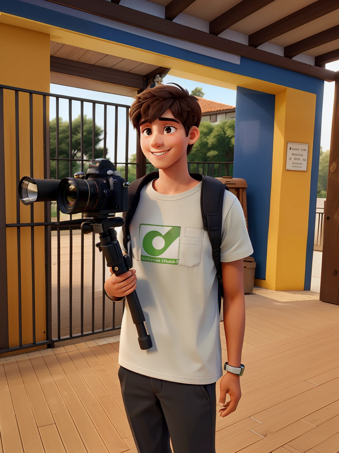 A young man with a camera smiling