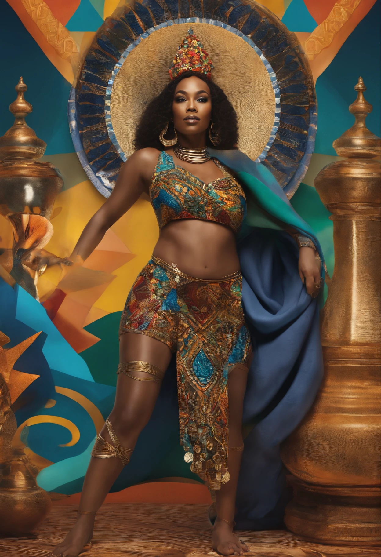 Crie uma imagem de corpo inteiro, inspired by the tarot archetype The Fool, combinando elementos da arte brasileira, Afrofuturism and the urban and sertanejo aesthetics of the Cariri region in the northeastern hinterland. Explore vibrant colors and striking textures to represent the strength and depth of this archetype.
Diretrizes:
- Estilo: Arte brasileira e afrofuturista, with urban and sertanejo influences from the Cariri region.
- Cores: Use vibrant and expressive colors to convey the energy of the archetype.
- Elementos: Include symbolic elements related to the Fool, como objetos, animais ou paisagens que representem seu significado.
-Composition: Create a balanced and impactful full-body composition, ensuring that the archetype is clearly represented.
- Detalhes: Acrescente detalhes ricos e texturas marcantes para enriquecer a imagem.
