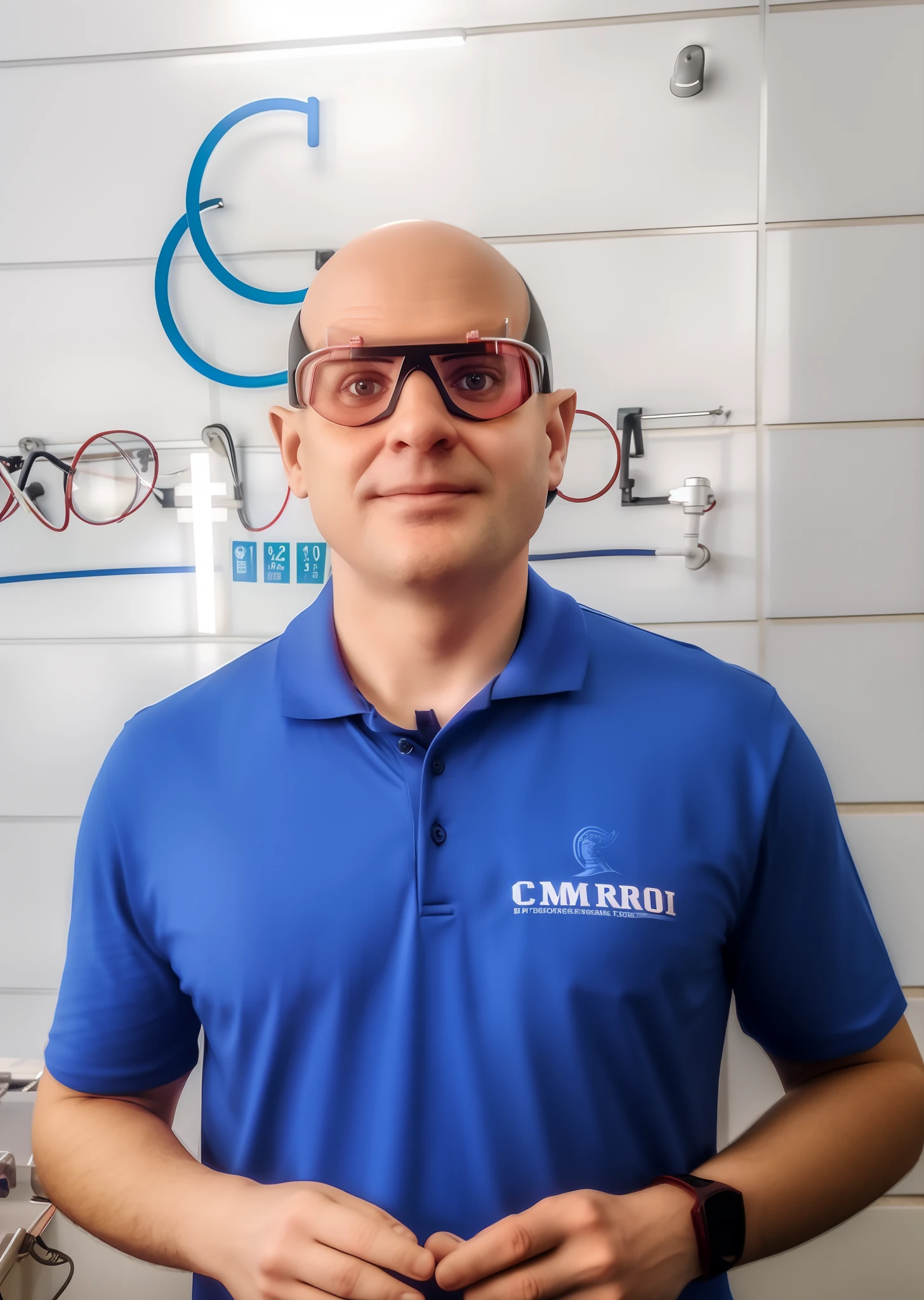 Homem branco e careca , rosto redondo, wearing goggles, de camisa vermelha   COM CAMISA ESCRITO LAFICTI, Standing in front of a students dressed in red with shirt written LAFICTI, em uma universidade. Cinematic lighted image in PIXAR style.