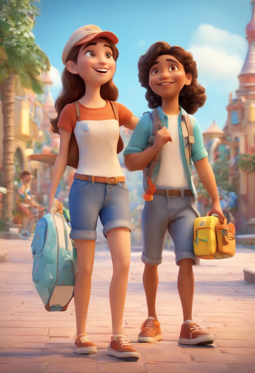 Cartoon of friends having fun on vacation together,  3D Animation Movie Poster, Poster de filme animado, pixar 3 d animation style, pixar renderman rendering, maia 8 mil, animated film, Disney Pixar Estilo 3D, amigos felizes saem juntos, all wearing light blue shirts and cream brown long pants, camisa azul clara, cream brown pants, ao ar livre, vacation, Disney Pixar Animation Poster