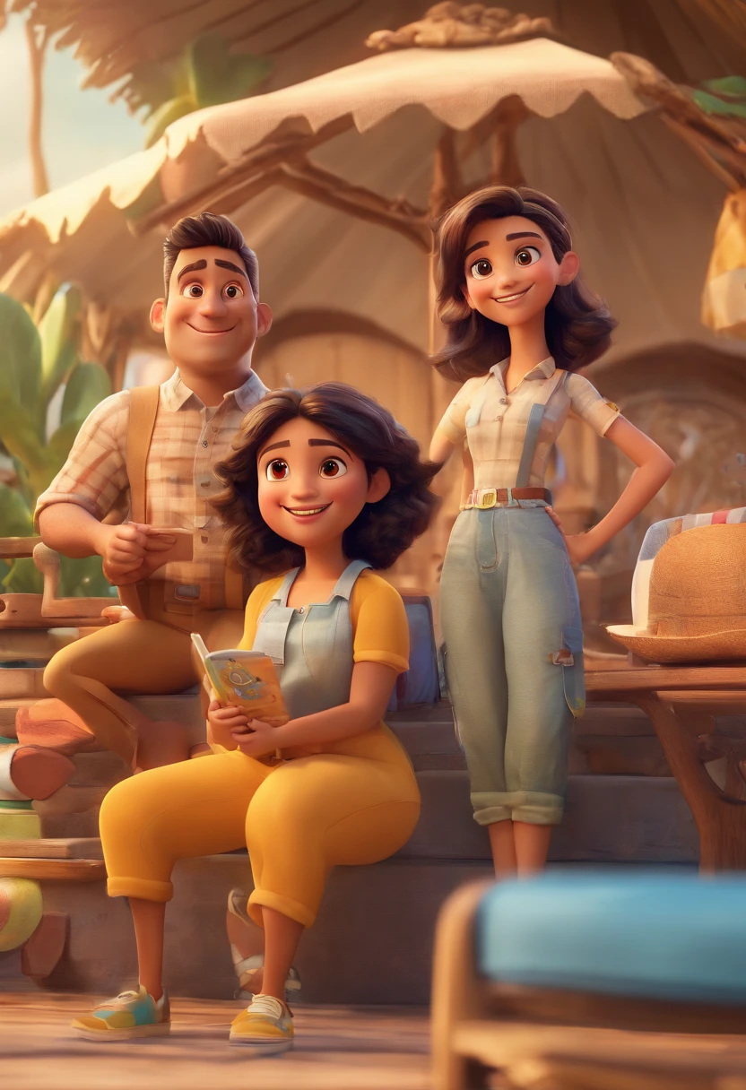 Cartoon of friends having fun on vacation together, 3D Animation Movie Poster, Poster de filme animado, pixar 3 d animation style, pixar renderman rendering, maia 8 mil, animated film, Disney Pixar Estilo 3D, amigos felizes saem juntos, all wearing light blue shirts and cream brown long pants, camisa azul clara, cream brown pants, ao ar livre, vacation, Disney Pixar Animation Poster