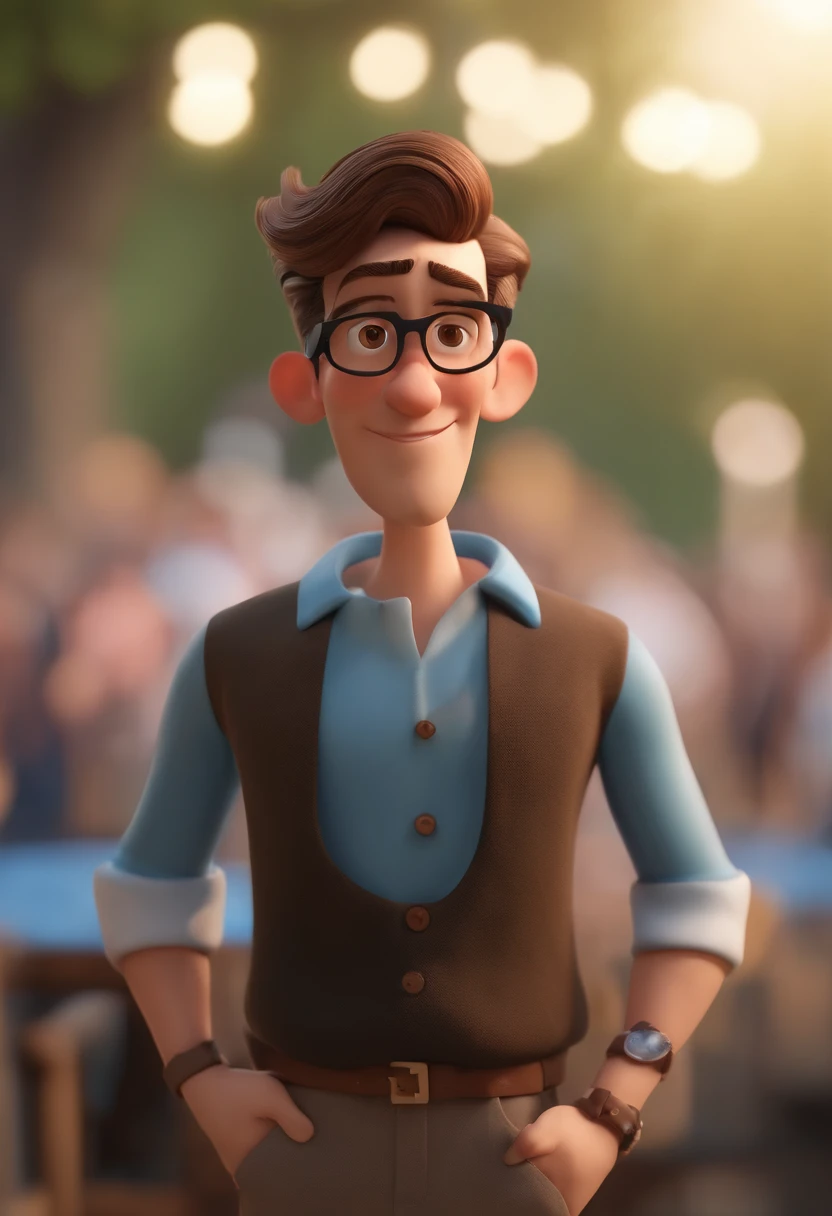 Cartoon character of a man wearing black glasses and a blue shirt, um personagem animado, Caractere estilizado, animation style rendering, 3D estilizado, Arnold Maya render, 3 d render stylized, toon render keyshot, Personagem 3D, Personagem 3D, 3d rendering stylized, 3 d character render, personagem de desenho animado, Personagem de close up, Pose de personagem, (Estilo Pixar) (master part:1.2) (Bokeh) (best quality) (pele detalhada) (textura detalhada) (8k) (argila) (Cinematic lighting) (foco nítido，Senta e vaza a parte superior do corpo