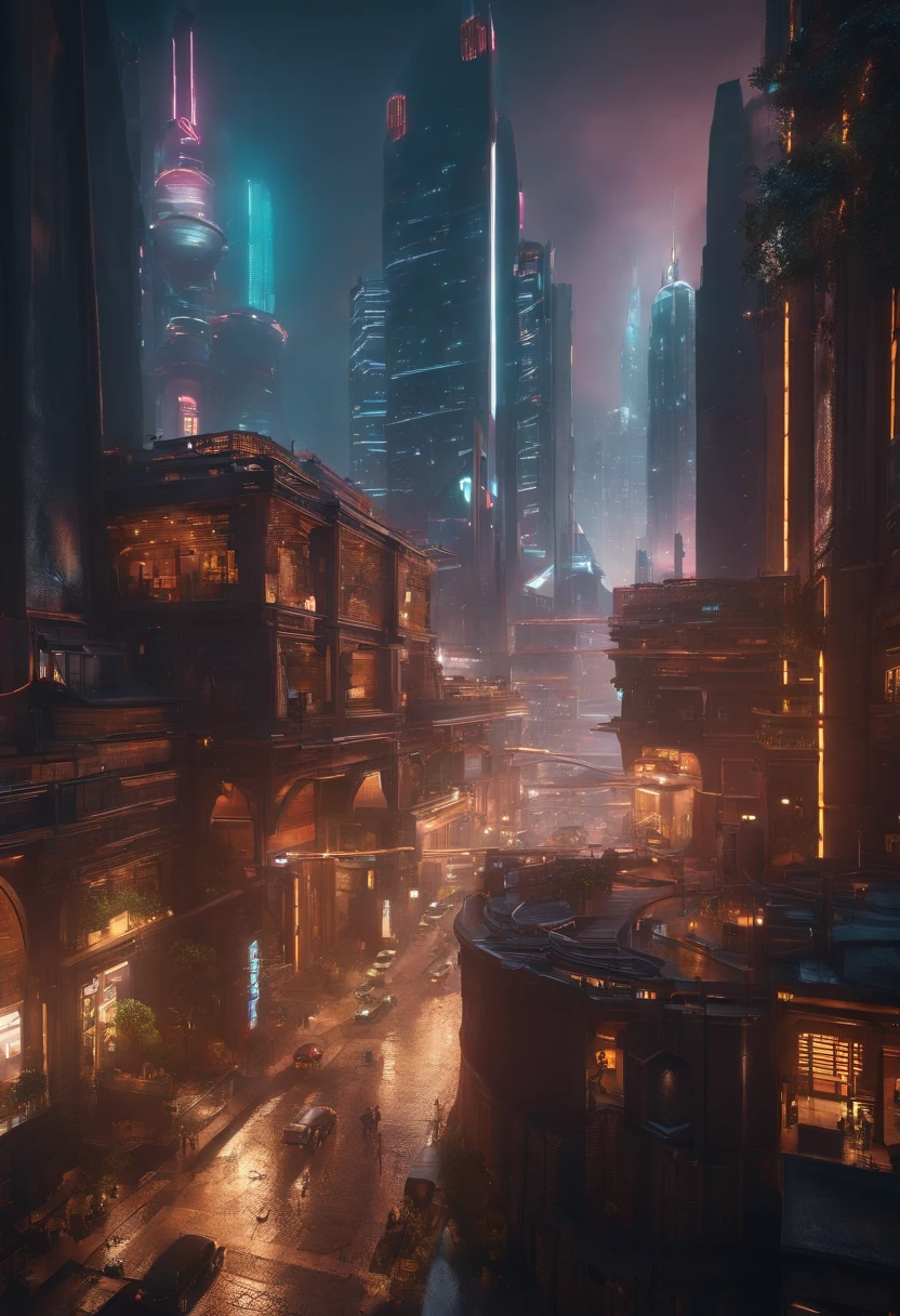 City at night with a large tower, com uma placa em neom escrito "CREATORS COMPANY" em , Em uma cidade cyberpunk futurista com letreiros em neom escrito[CREATORS COMPANY], Cena cyberpunk futurista, Arstation e Beeple altamente, En Fantasy Sci - Cidade de Fi, Sci-Fi Cyberpunk Rua da Cidade, busy cyberpunk metropolis, 3 d render bipe, cinematic beeple, Rua Cyberpunk City, Em estilo Beeple