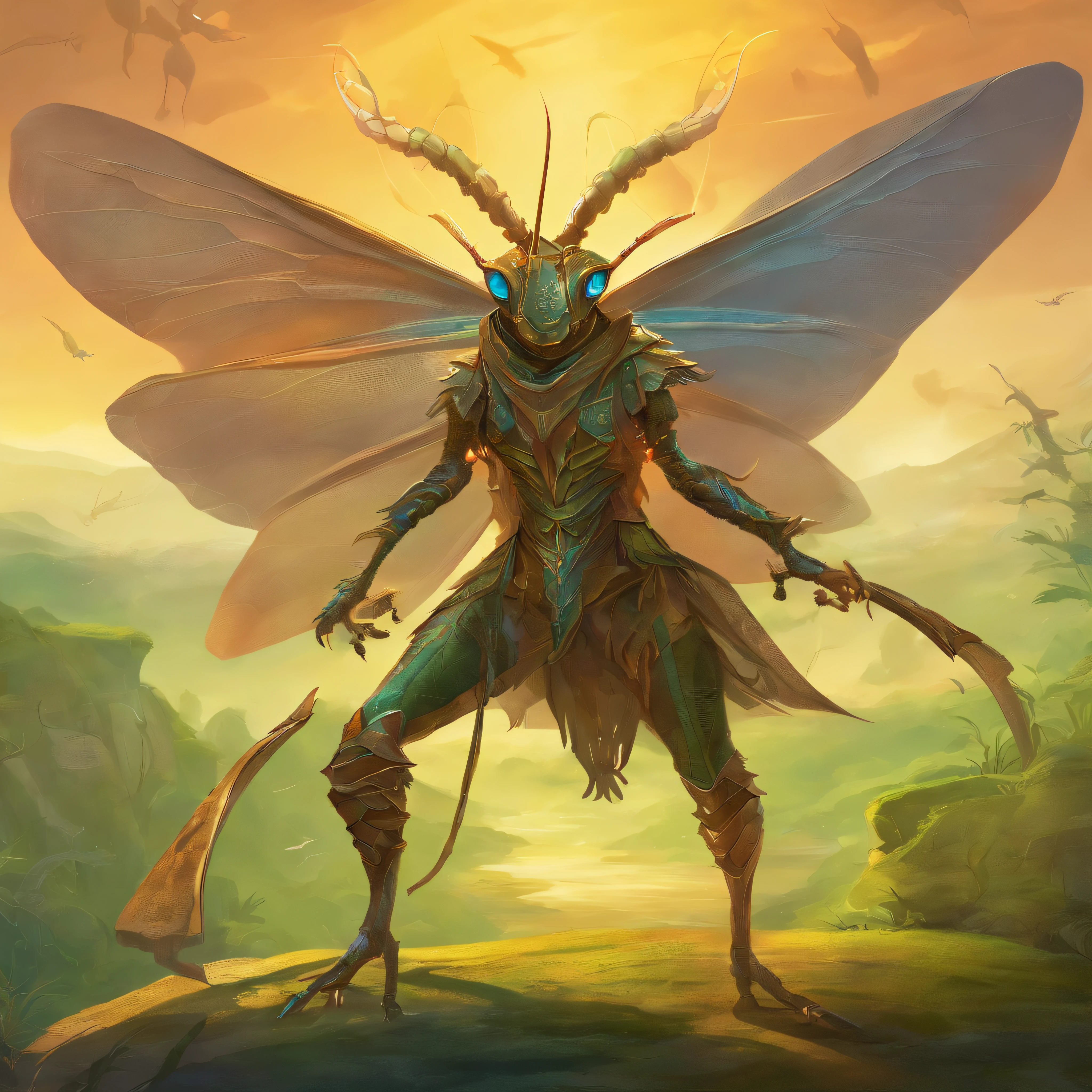 Anthropomorphic, Dancing grasshoppers in the style of Disney animation, plano, vetorizado, 8K resolution, master part, e super detalhado.crie um enxame de gafanhotos numerosos; On the head of the locusts a crown of gold; gafanhoto com rosto de homem. cabelos cumpridos , e os seus dentes grandes e pontudos. Grasshopper with iron breastplate, tail of scorpions and sting on tail; numerosos , (best quality,Altas), insetos detalhados, atmosfera surreal, dramatic lighting ,terror imagem ampla