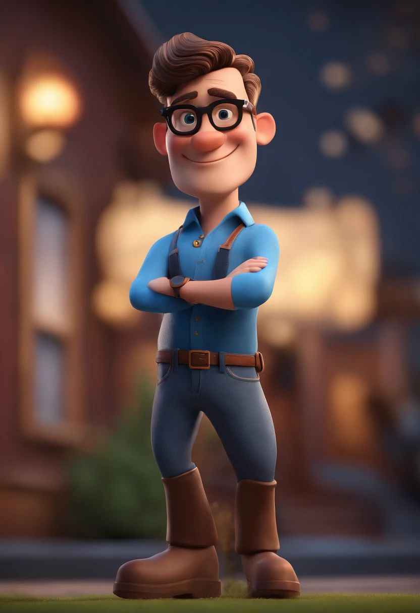 Cartoon character of a man with black glasses and a blue shirt, animation character, Caractere estilizado, animation style rendering, 3D estilizado, Arnold Maya render, 3 d render stylized, toon render keyshot, Personagem 3D, Personagem 3D, 3d rendering stylized, 3 d character render, personagem de desenho animado, Personagem de close up, Pose de personagem, (Estilo Pixar) (master part:1.2) (Bokeh) (best quality) (pele detalhada) (textura detalhada) (8k) (argila) (Cinematic lighting) (foco nítido