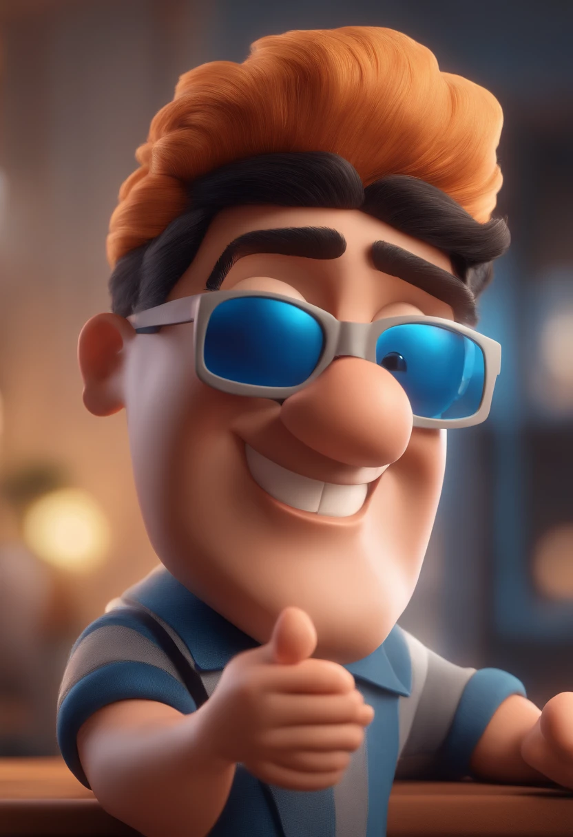 Cartoon character of a man with black glasses and a blue shirt, animation character, Caractere estilizado, animation style rendering, 3D estilizado, Arnold Maya render, 3 d render stylized, toon render keyshot, Personagem 3D, Personagem 3D, 3d rendering stylized, 3 d character render, personagem de desenho animado, Personagem de close up, Pose de personagem,  (Estilo Pixar) (master part:1.2) (Bokeh) (best quality) (pele detalhada) (textura detalhada) (8k) (argila) (Cinematic lighting) (foco nítido