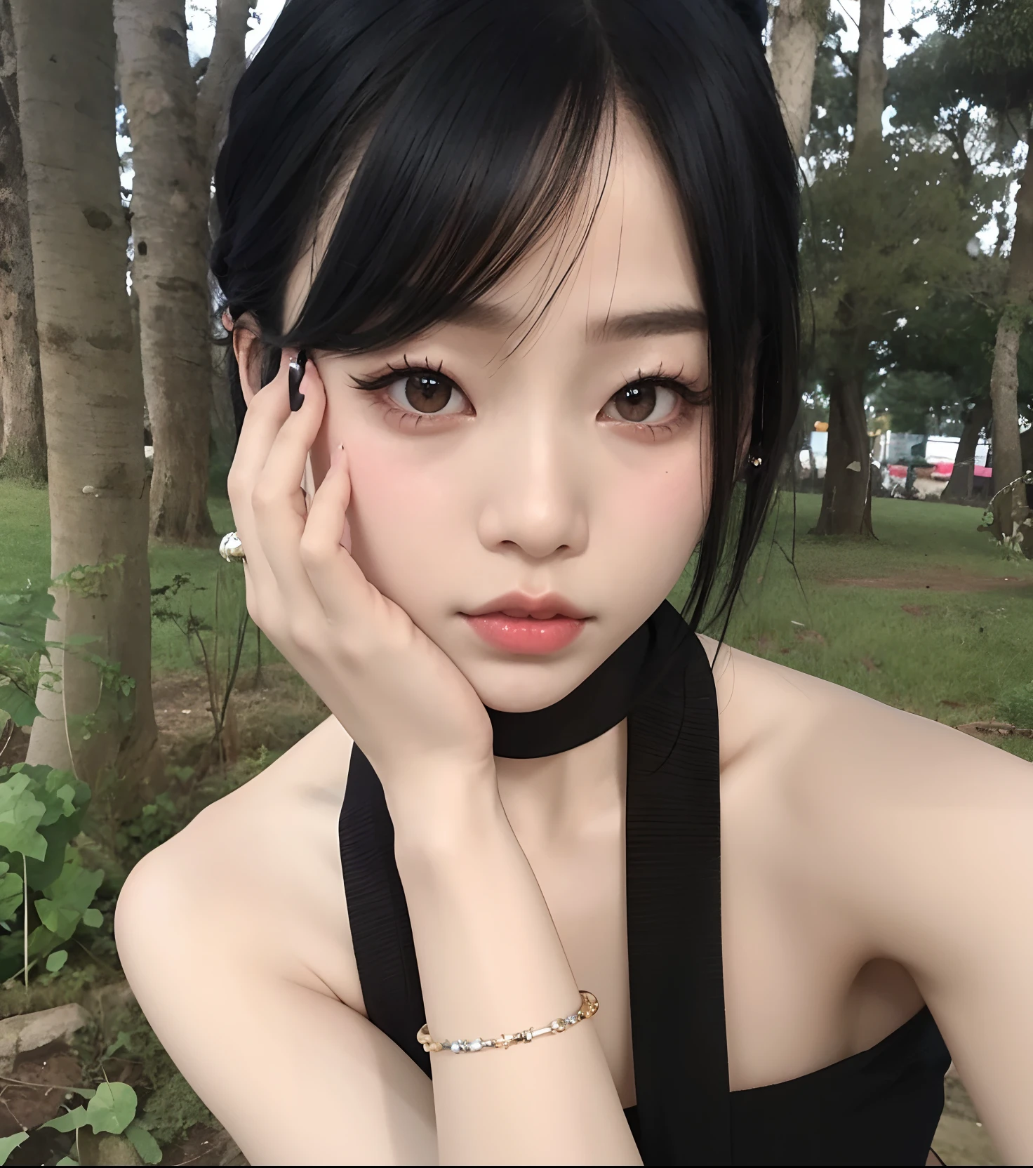 Asian woman with black hair and choker posing for a photo, Ulzzang, Menina anime na vida real, menina coreana, preto hime corte cabelo, menina bonito-fino-cara, Ela tem cabelo preto com franja, young cute wan asian face, bonito rosto de anime natural, young adorable korean face, cruel korean goth girl, Beautiful Asian girl