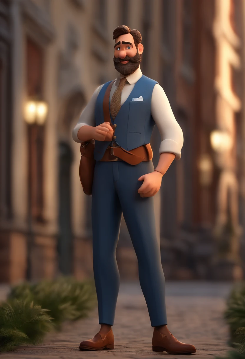 Empresario bem gordo, de camisa social azul, khaki pants and brown shoes with a long beard, cabelos pretos e curtos, sem oculos, animation character, Caractere estilizado, animation style rendering, 3D estilizado, Arnold Maya render, 3 d render stylized, toon render keyshot, Personagem 3D, Personagem 3D, 3d rendering stylized, 3 d character render, personagem de desenho animado, Personagem de close up, Pose de personagem, (Estilo Pixar) (master part:1.2) (Bokeh) (melhor qualidade) (pele detalhada) (textura detalhada) (8k) (argila) (Cinematic lighting) (foco nítido