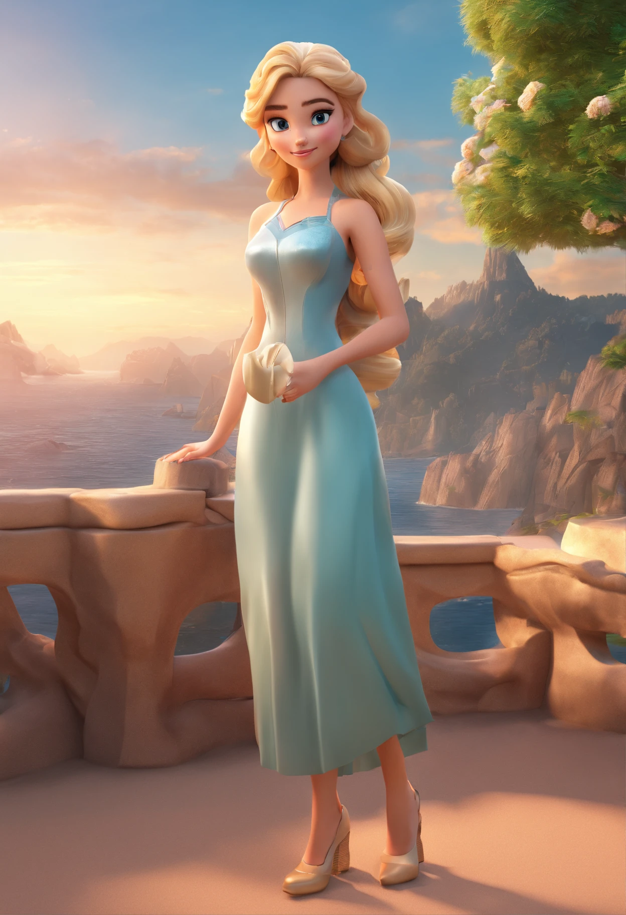 best quality, masterpiece, photorealistic, extremely detailed CG unity 8k wallpaper, chibi,1girl, elsa,solo, full_body, smile, looking_at_viewer, outdoors,
