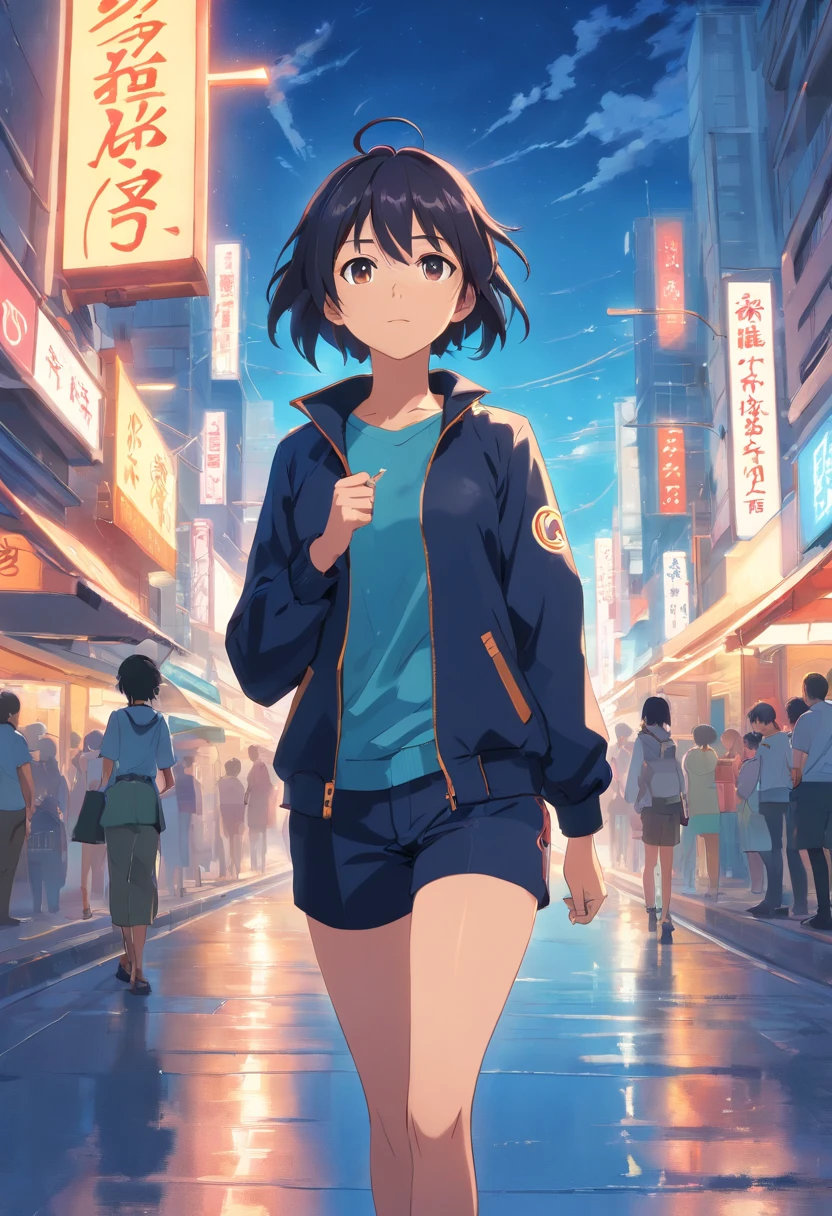obra prima、Flickers、22 anos、Cabelo azul escuro、Black jacket、black pants、camisetas brancas、Make a bang、Esticando a testa、Flickers、Olhos desenhados em detalhes、um bonito、Dentro da Cidade、starly sky、Mystical Light、dramatic light、Cinematic power、corpo inteiroesbian