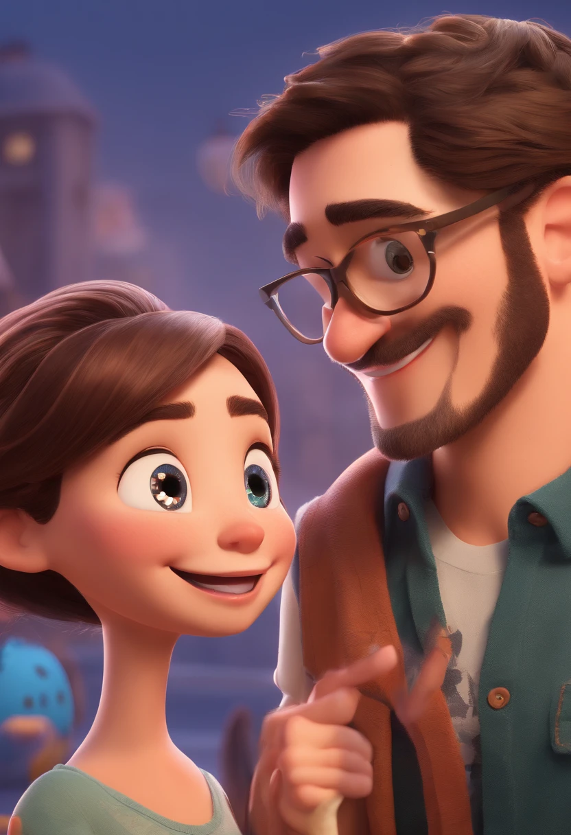 An illustration of an adorable couple, Spotlight on a brunette man with glasses, cabelos curto estilo militar , Very short smiling beard and a short brunette woman with beautiful expressive eyes - the man's skin is brown and the man's hair has, while the woman's skin is light brown and the woman's hair long black straight They are a bright room, cada um com um sorriso no rosto, e compartilhar um momento especial caracterizado pelo amor, Insights. Illustrate this scene from a perspective where they are facing the camera, Smiling and Showing Your Connection. Desenvolva esta arte em Full HD, Focus on your cinematic touch, Estilo Disney Pixar Animations
