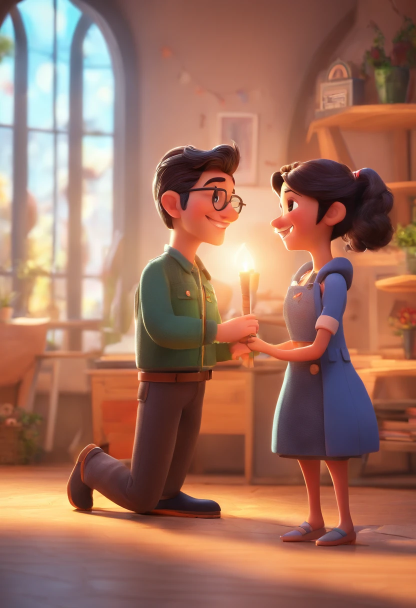 An illustration of an adorable couple, Spotlight on a brunette man with glasses, cabelos curto estilo militar , Very short smiling beard and a short brunette woman with beautiful expressive eyes - the man's skin is brown and the man's hair has, while the woman's skin is light brown and the woman's hair long black straight They are a bright room, cada um com um sorriso no rosto, e compartilhar um momento especial caracterizado pelo amor, Insights. Illustrate this scene from a perspective where they are facing the camera, Smiling and Showing Your Connection. Desenvolva esta arte em Full HD, Focus on your cinematic touch, Estilo Disney Pixar Animations