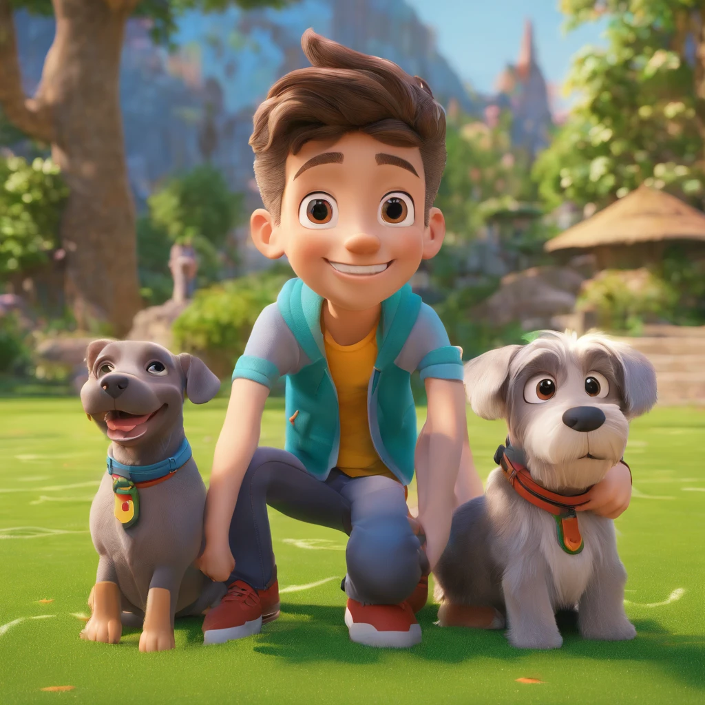 Lucas is a smiling 15-year-old human boy, com seu fiel amigo, Bolt, o cachorro schnauzer, deitados no jardim
