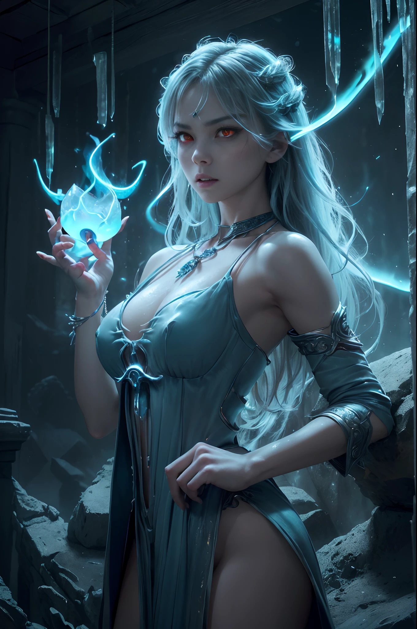 8K、Female demon with big、(number々Award-winning masterpiece、mind-blowing detail、Texture、Maximum detail)、(hyper realstic:1.4)、(realisitic:1.3)、(Upper Body Up:0.4)、(Realistic textured skin of the highest quality)、(Elaborate perfectly symmetrical eyes)、Elaborate face、((medieval world))、((The Lord's Ice Devil))、((The Ice Devil of the Lord's Hell))、(Ice Wall and Ice Eye)、(Like the whole body:1.6)、 (Horrible forms)、(Eyes glowing red in the dark:1.5)、(A pair of red eyes emitting a strong light, blue light from inside:1.5)、(Swirling wall of snow and ice in the background)、(dramatic light)、(A majestic sight)、(angry expressions)、Jewelry piercings in the ears、 (dramatic pose)、(Mohican)、(silber hair)、(maroon hair)、(Upturned hair)、((Downward hair)、(A simple necklace with exquisite workmanship around the neck)、(Bioluminescence with a brilliant glow:1.4)、(Fancy Flame Magic:1.3)、(Swirling flames)、 The Great Temple of the Devil、 Great Temple、 Great Temple、great cathedral、Temple ruins、Separate Temples、(Luminous Magic Circle)、Ruins of the old castle、Shining majestic cloud masses and sky、lightning、Epic graphics、Faded、art by、(by Greg Rutkowski:1.2)、(teal and orange:0.8)、(art stations:0.4)、cinematic、((Neutral Color))、(HDR:1.5)、(Subdued Color:1.5)、The ultra-detailliert、dramatic light、(intricate detailes:1.2)、the complex background、Sharply extended fangs、sharply elongated claws、Variant Demons、A sexy