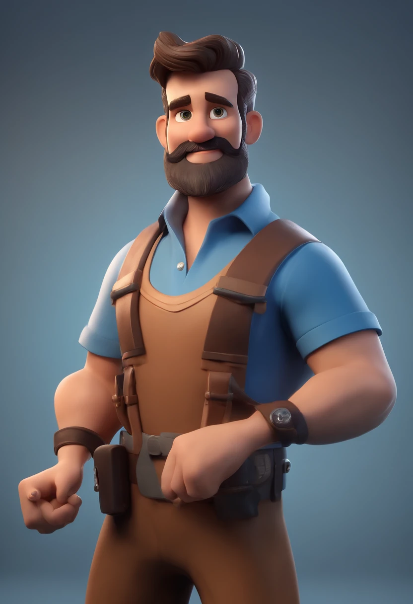 Personagem de desenho animado de um homem com barba e uma camisa azul, with an air conditioner on the side and a few tools on hand, um personagem animado, Caractere estilizado, animation style rendering, 3D estilizado, Arnold Maya render, 3 d render stylized, toon render keyshot, Personagem 3D, Personagem 3D, 3d rendering stylized, 3 d character render, personagem de desenho animado, Personagem de close up, Pose de personagem, (Estilo Pixar) (master part:1.2) (Bokeh) (best quality) (pele detalhada) (textura detalhada) (8k) (argila) (Cinematic lighting) (foco nítido,Senta e vaza a parte superior do corpo