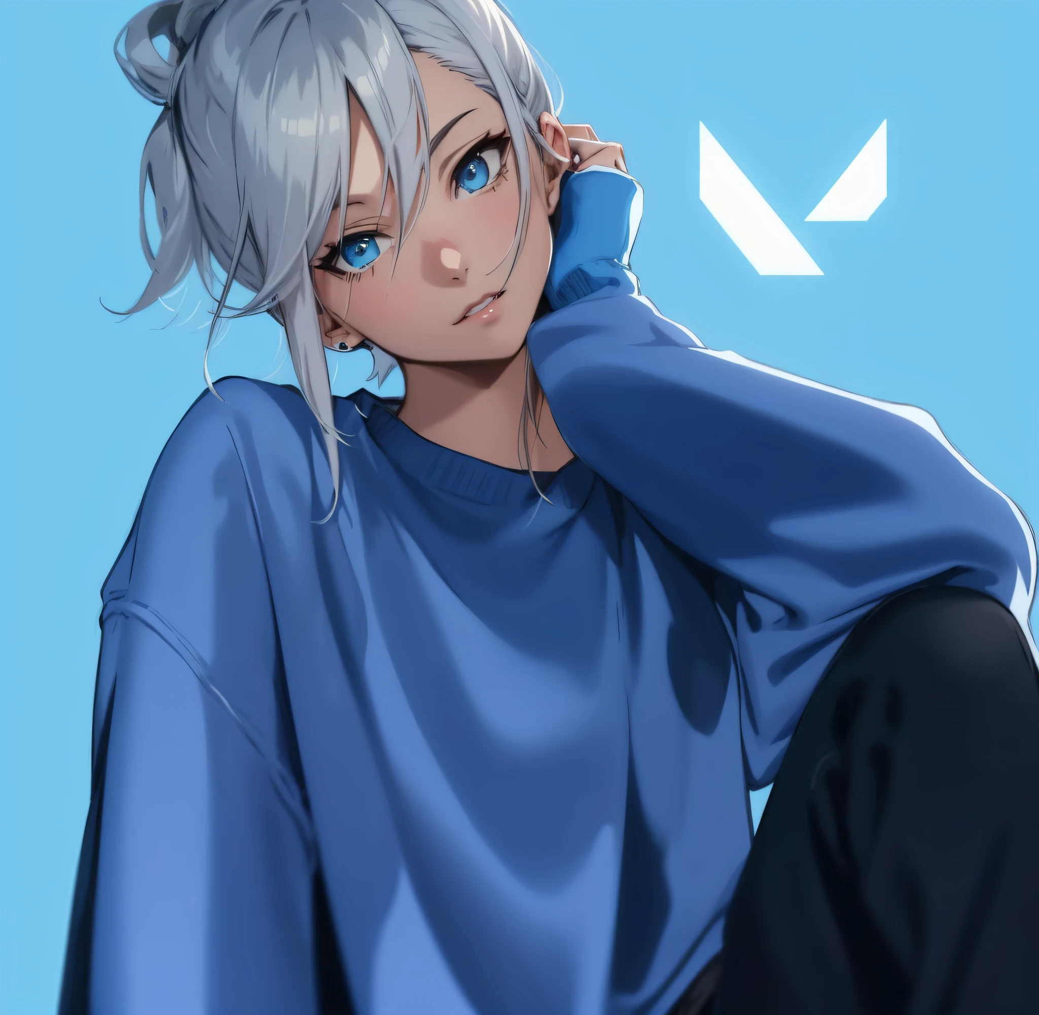 A closeup of a person in a blue shirt and black pants, personagem estilo anime, em estilo anime, Digital anime illustration,  do cabelo prateado, em estilo anime, realistic anime art style, arte de anime realista, retrato estilo anime, estilo de arte de anime, estilo anime, retrato de alta qualidade, trending on artstration, Eco de Overwatch, estilo realismo anime [corpo todo]