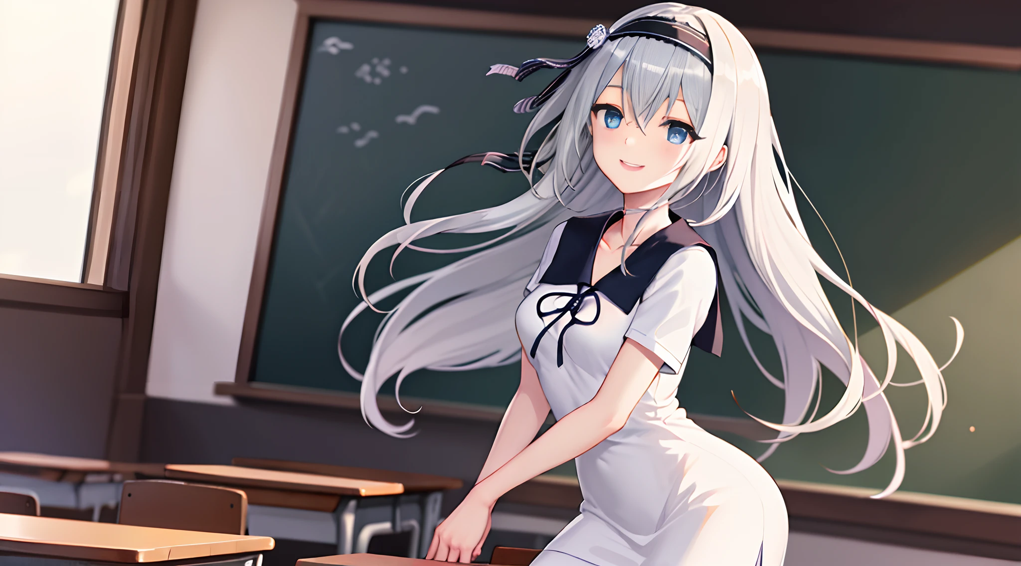 masterpiece,best quality, highres, kei1, 1girl, solo, blue eyes, long hair, white dress, short sleeves, ribbon, bangs, collarbone, grey hair, white skirt, black hairband, black pantyhose, neck ribbon, hair between eyes, medium breasts, sailor collar, cowboy shot, classroom, smile,