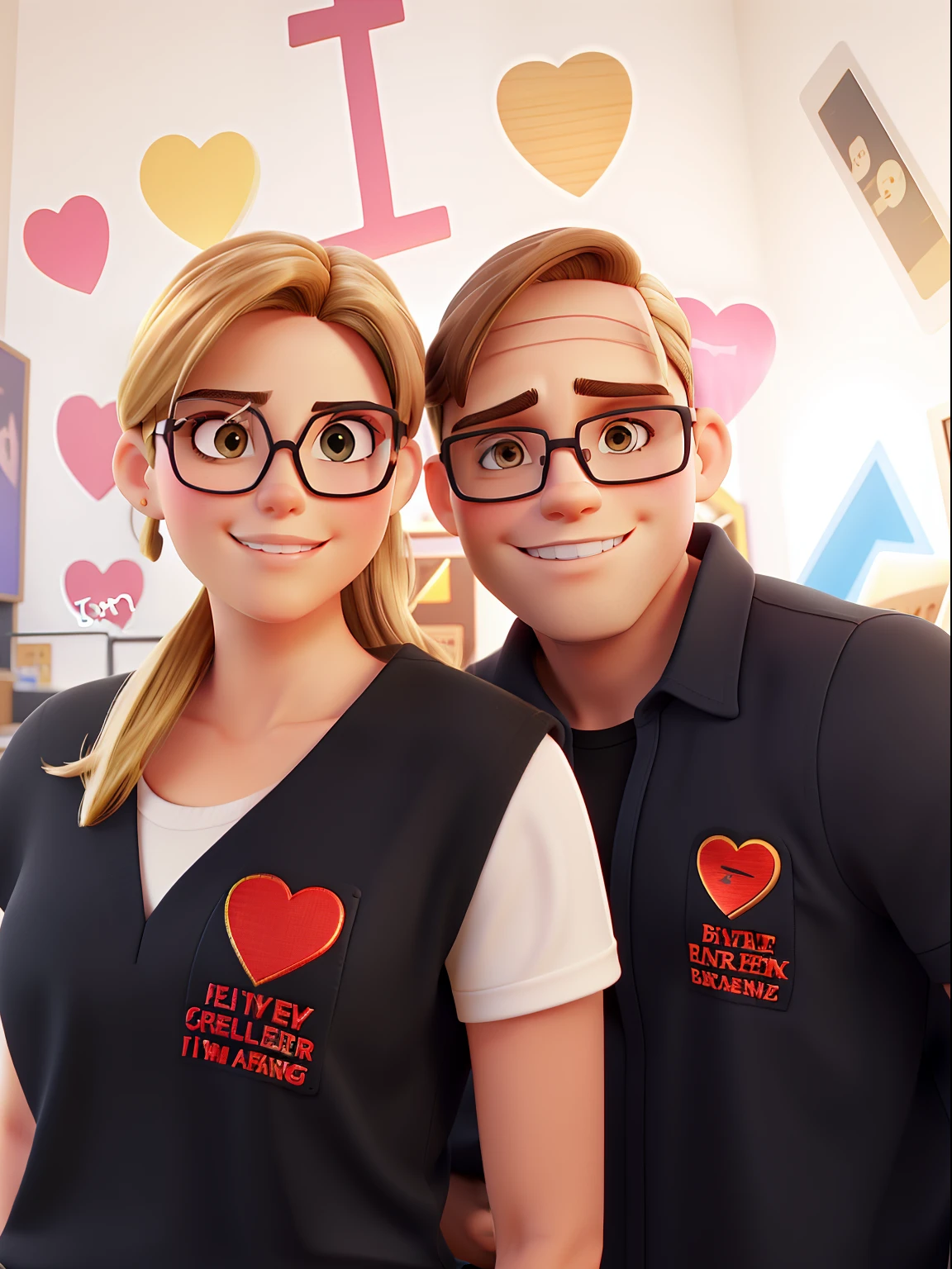 Brunette woman hair with blonde highlights and brunette man with dark short hair wearing square-shaped glasses