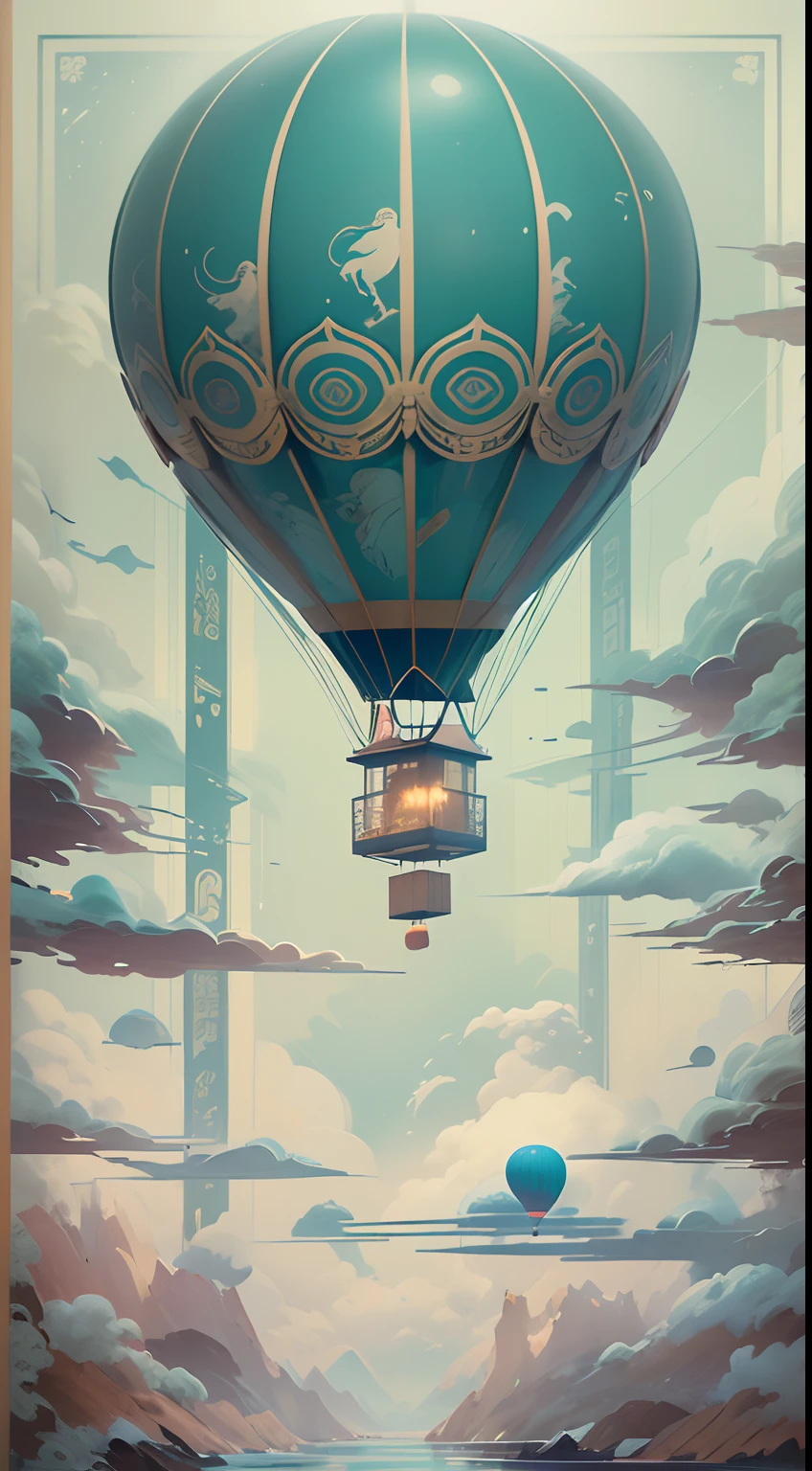 (A kind of porcelain woven from Jingdezhen, Called "Blue in the rain", The hot air balloon rises quietly）,This hot air balloon is not like a modern one，It doesn't have bright colors，There is no modern design，But it has a strong quaint vibe,Its rinds consist of，Smooth and shiny，It's as if the whole sky is mounted on this little sphere。Underneath the hot air balloon，Hang an ancient couple。They wore white robes，It's like two pure white cranes enjoying themselves in the morning breeze。The man's face is angular，The gaze is deep and warm，It's like a silent mountain，Contains endless feelings。The woman's face was as soft as water，His eyes sparkled with a vision of the future。Their eyes met，Twinkle in the morning light。
azure sea, White waves crash against the rocks,,Big moon ,Photography,Clear facial features, 3D rendering of character concept art,A beautiful painting by Stephen Shore,Ukiyo-e art,Pixar style,The work of Furuhiko,Masterpiece,Encaustic painting,Egg garnish,Matte painting,Modern art,spray ,bentwood,Beadwork,erode,Smoke art,carved wood,decorations,Beads and rope,Dreamy atmosphere,An atmosphere of happiness,Romantic atmosphere,Depth of field (degrees of freedom),boobs shot(mcu),Bottom view,Beautiful lighting, --Original style