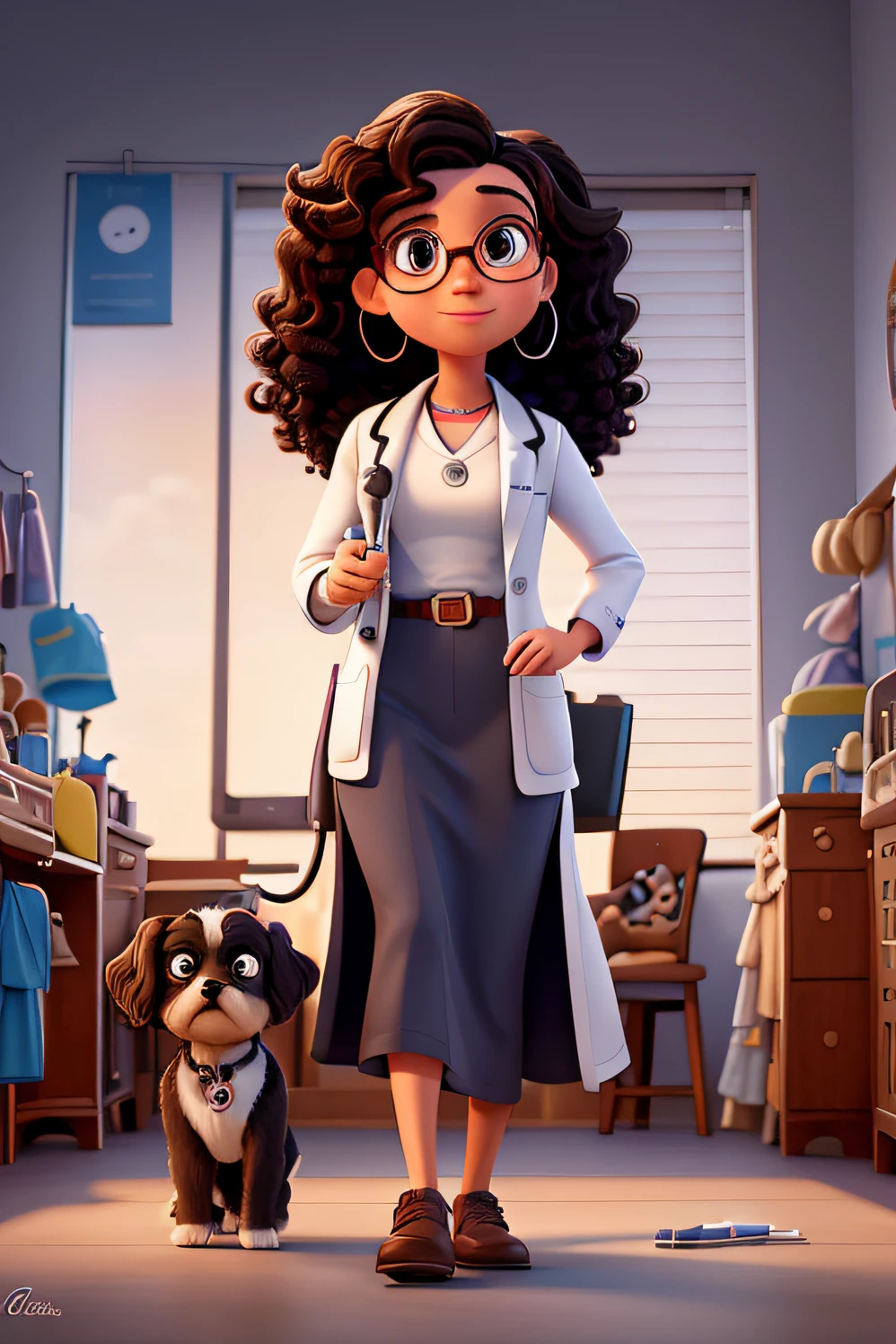 Create a Disney Pixar-style poster. Neste cartaz, Portraying a handsome veterinarian with long dark curly hair, pela clara, olhos castanhos, round prescription glasses and a stethoscope on the neck. Holding a beautiful black and white female shih-tzu, in a veterinary clinic