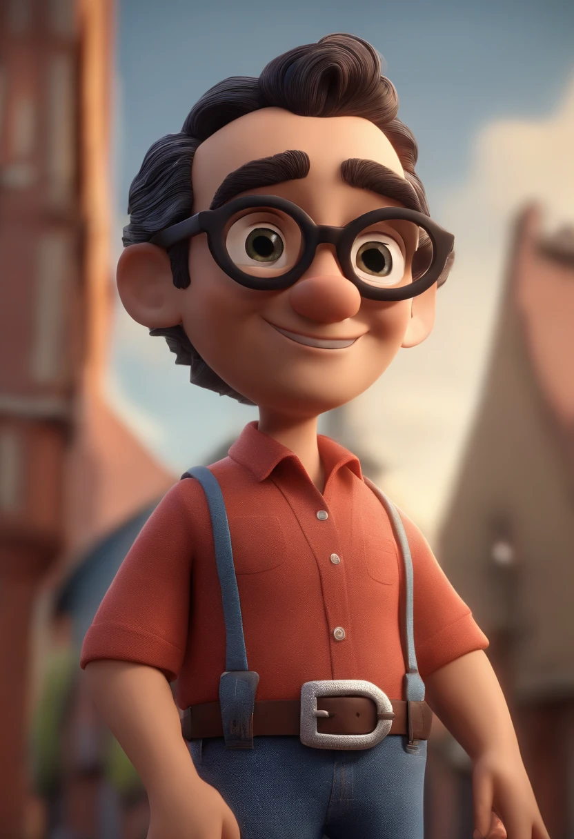 Cartoon character of a man with black glasses, cabelo liso pouco grisalho e uma camisa azul, animation character, Caractere estilizado, animation style rendering, 3D estilizado, Arnold Maya render, 3 d render stylized, toon render keyshot, Personagem 3D, Personagem 3D, 3d rendering stylized, 3 d character render, personagem de desenho animado, Personagem de close up, Pose de personagem, (Estilo Pixar) (master part:1.2) (Bokeh) (best quality) (pele detalhada) (textura detalhada) (8k) (argila) (Cinematic lighting) (foco nítido
