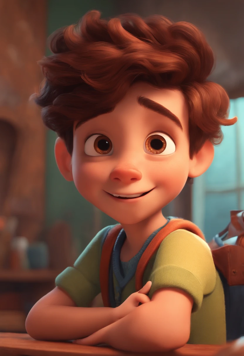 Image of a boy for a story in a YouTube video in Pixar format, He's the little allabester, He's the class leader, He's outgoing, Playful and gets up for a lot of things, cabelo curto