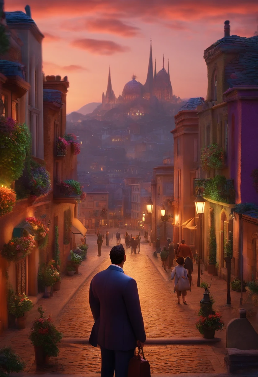 A city councilman looking at a dream project inspired by Pixar animation, de perto. The character takes center stage with captivating facial expressions, oferecendo um toque de irrealidade