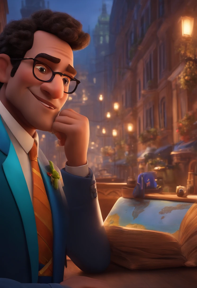A city councilman looking at a dream project inspired by Pixar animation, de perto. The character takes center stage with captivating facial expressions, oferecendo um toque de irrealidade