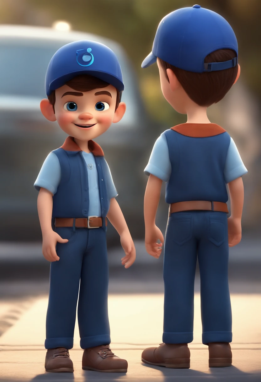 A happy cute boy standing short hair with dark blue cap , vestindo uma camisa azul , , fundo branco, barnet, Tom, Estilo Pixar, ......3d, desenhos animados, rosto detalhado, asymmetrical 16k