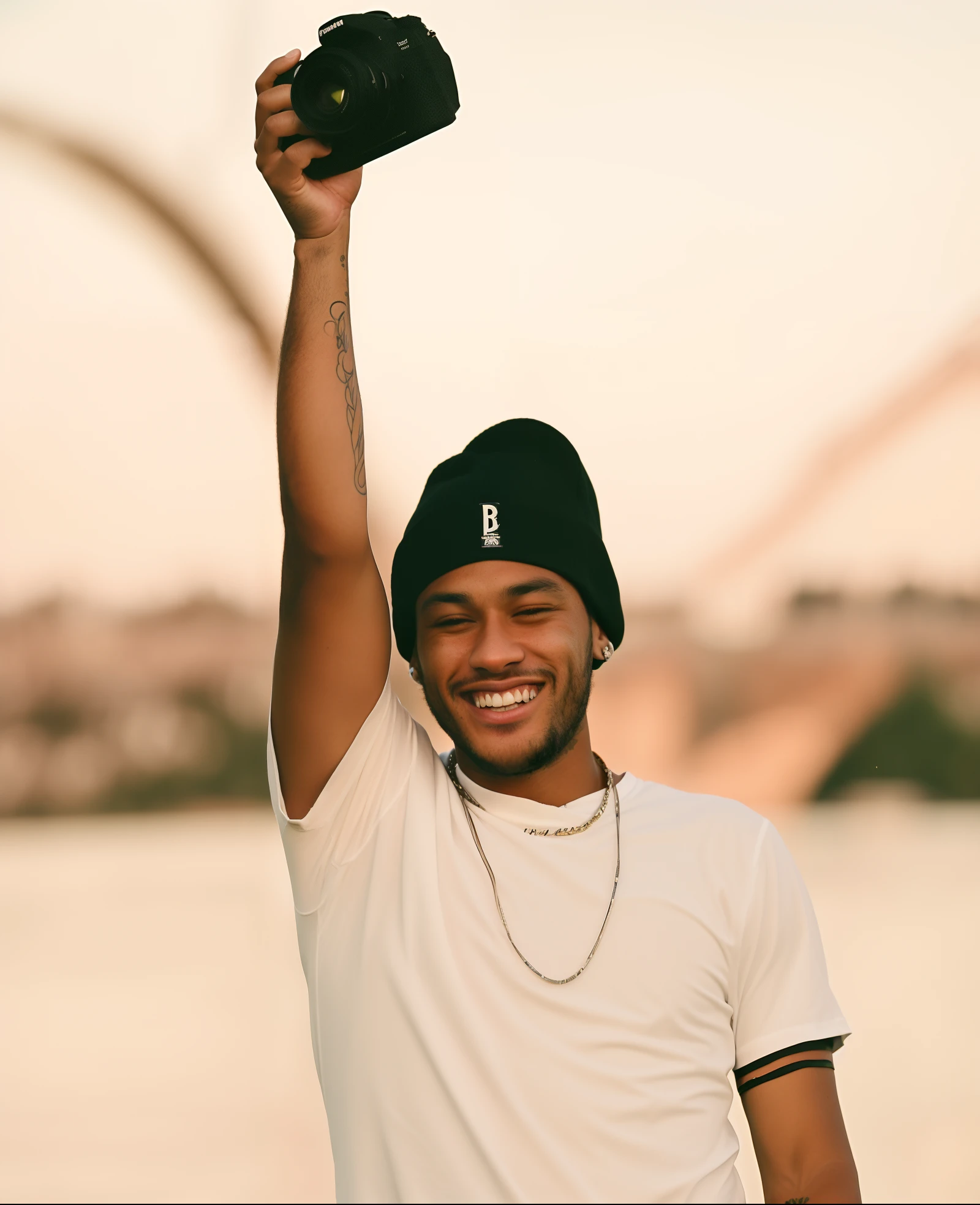 Arafed man holding a camera in front of a bridge, caio santos, sorriso orgulhoso, smug smirk, ariel perez, smug smirk, acenando e sorrindo, inspired by Antônio Parreiras, inspirado em Samuel Silva, Dan dos Santos, suave em _ O pano de fundo, neymar, sorriso manhoso, neymar jr, River in front of you