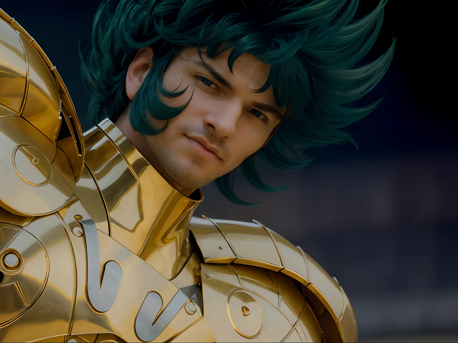(masterpiece), (realistic) low angle, close up portrait of an man, (male), 30 years old, spanish, (1boy), solo, serious, looking at viewer, wearing an medieval armor, (full body armor), (golden armor), chrome gold, (detailed armor), (ornate armor), dark green hair, (hair blowing in wind), (hair chops), upper body, night and stars background, sharp focus, cinematic lighting, ((beardless)).