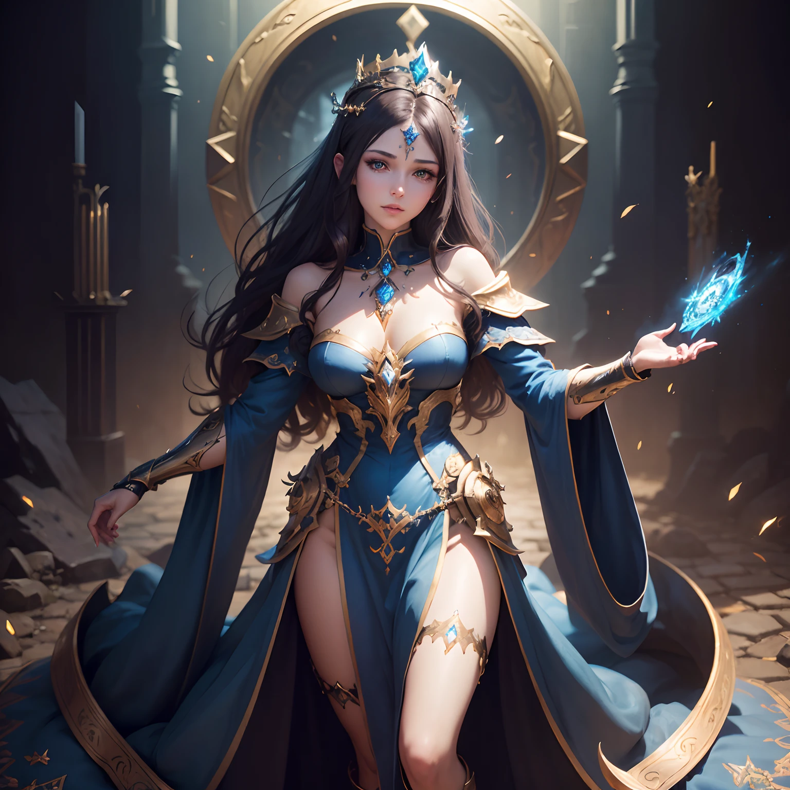 ((masterpiece)), (8k, high_resolution), (best quality), stands sideways, dark hair, ultra-detailed, fantasy artwork, hands down, a woman with a crown on her head, (transparent background), official artwork, fantasy art, mmorpg, blue light, mmo character, lineage 2, (detailed eyes), (beautiful eyes), perfect world game, half body