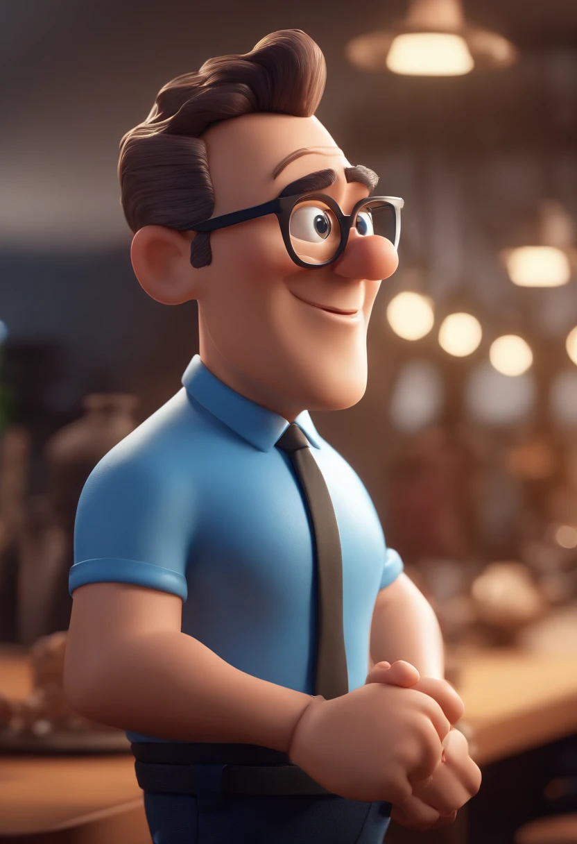 Cartoon character of a man with black glasses and a blue shirt, animation character, Caractere estilizado, animation style rendering, 3D estilizado, Arnold Maya render, 3 d render stylized, toon render keyshot, Personagem 3D, Personagem 3D, 3d rendering stylized, 3 d character render, personagem de desenho animado, Personagem de close up, Pose de personagem, (Estilo Pixar) (master part:1.2) (Bokeh) (best quality) (pele detalhada) (textura detalhada) (8k) (argila) (Cinematic lighting) (foco nítido
