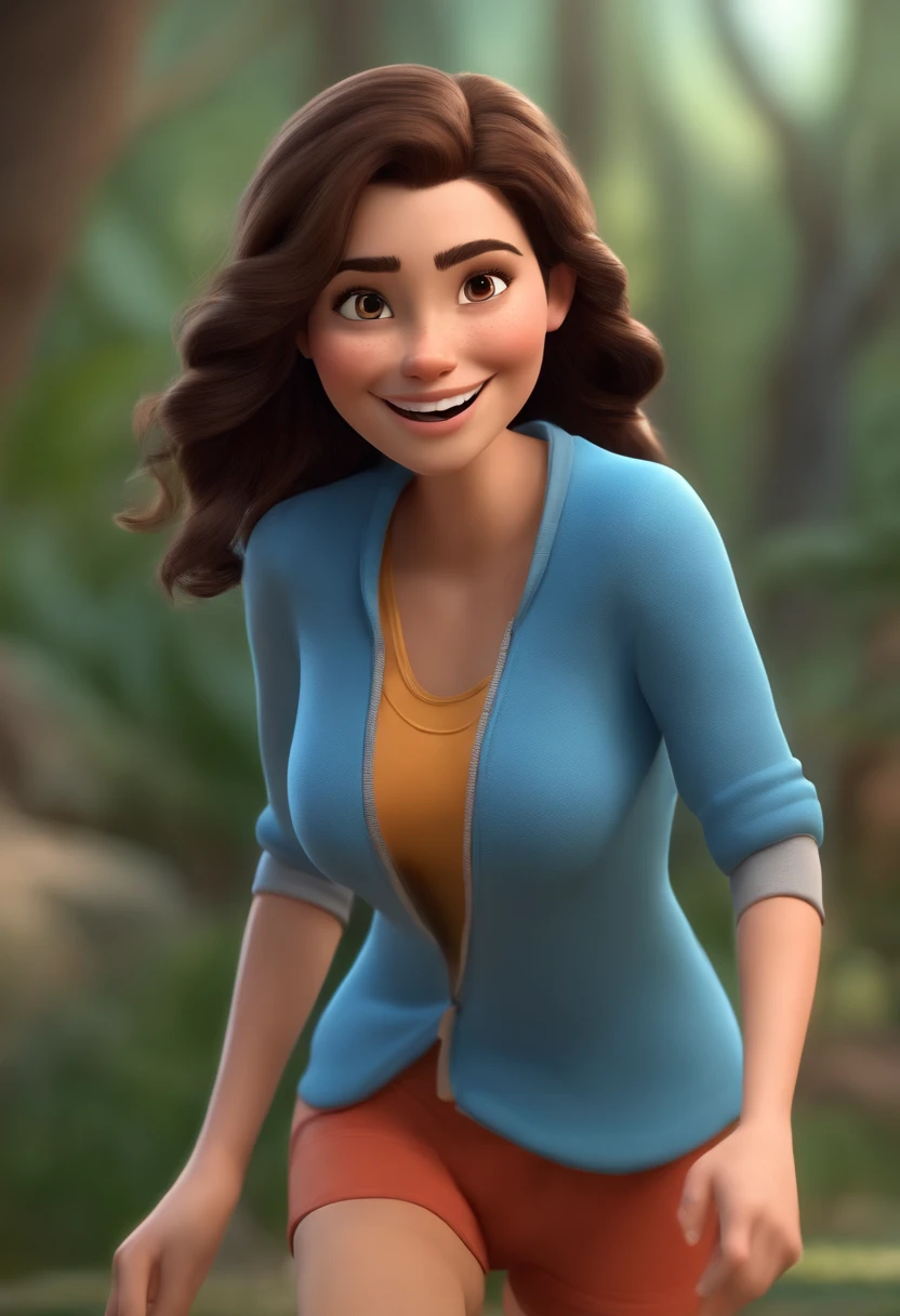 3d Disney Pixar Style, phisioterapy young woman smiling, brunette hair, blue clothes doing exercise