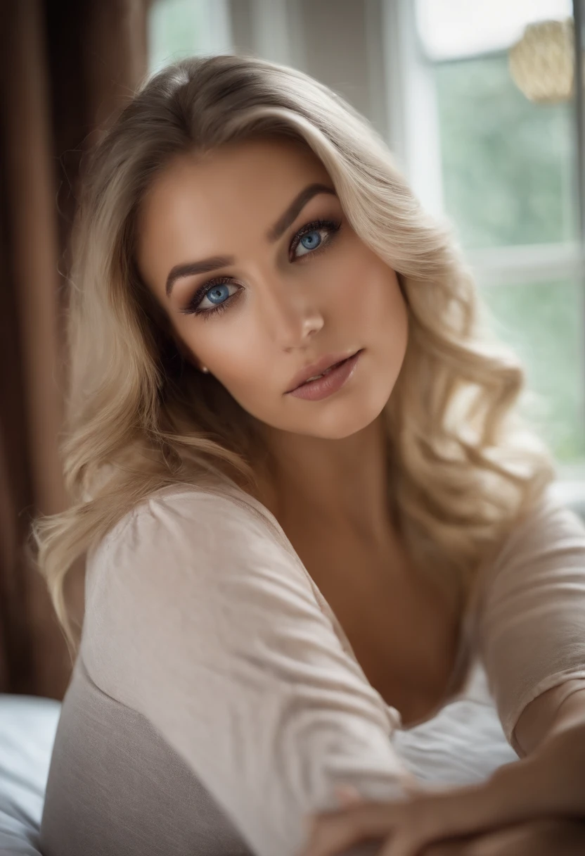 arafed woman fully , sexy girl with blue eyes, ultra realistic, meticulously detailed, portrait sophie mudd, blonde hair and large eyes, selfie of a young woman, bedroom eyes, violet myers, without makeup, natural makeup, looking directly at the camera, face with artgram, subtle makeup, stunning full body shot kneeling on bed, in bedroom, medium to large size bust