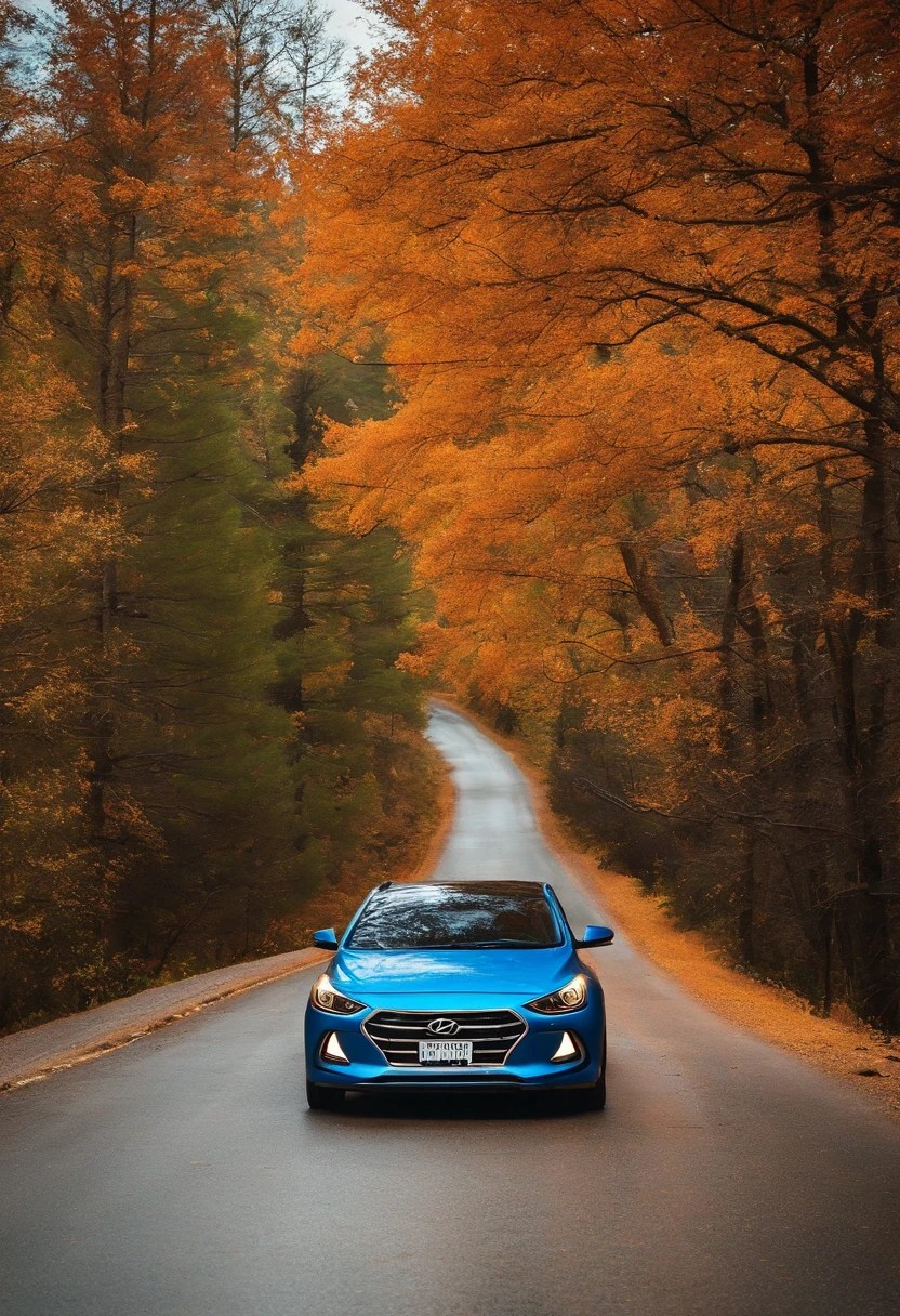um hyundai elantra gt 2015 prata, teto preto, On a magnificent road with beautiful snow-topped mountains, ao fundo e um lago azul turquesa, On the road trees with orange leaves