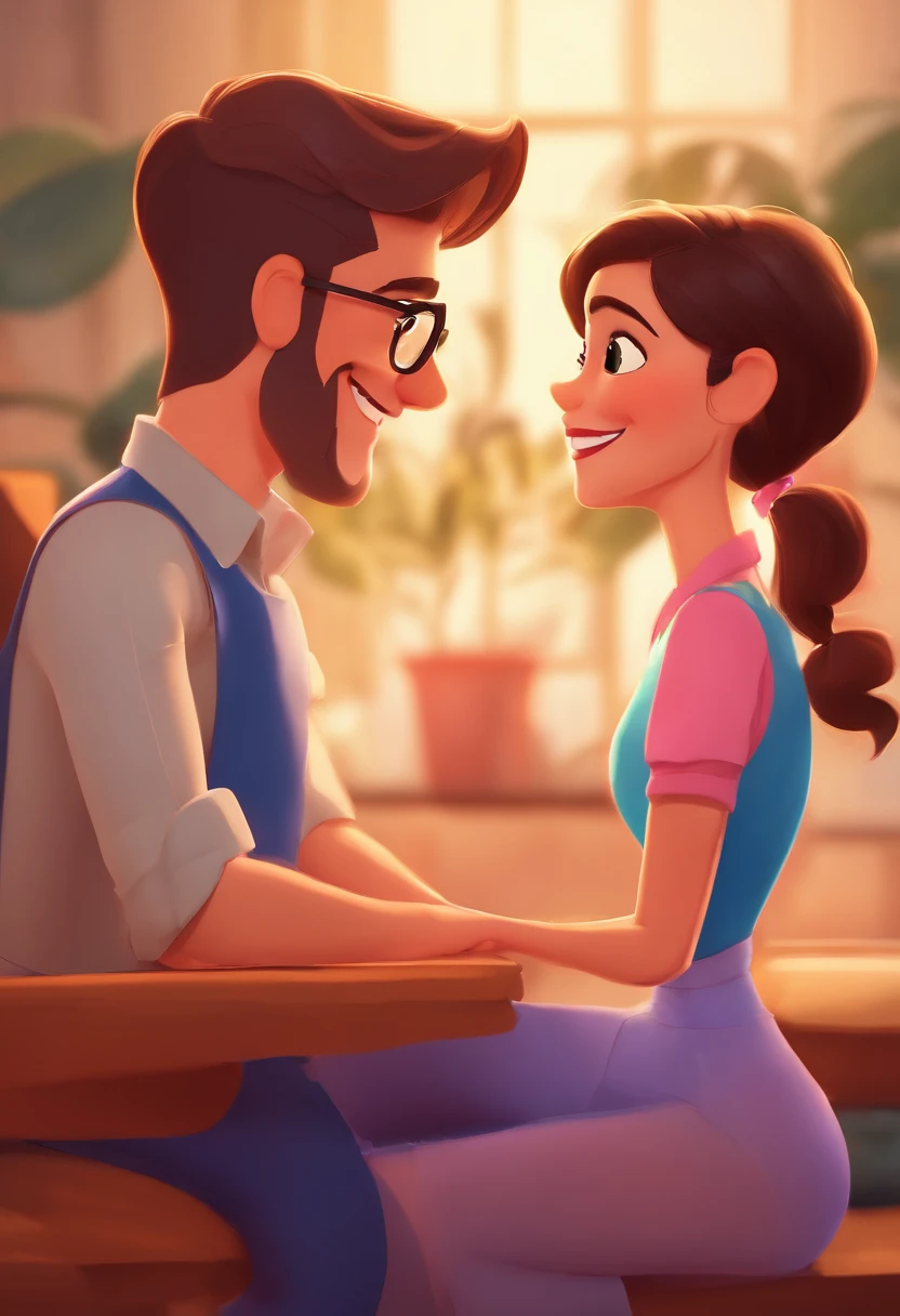 An illustration of an adorable couple, Spotlight on a brunette man with glasses, cabelos curto estilo militar , Very short smiling beard and a short brunette woman with beautiful expressive eyes - the man's skin is black and the man's hair has, while the woman's skin is light brown and the woman's hair long black straight They are a bright room, cada um com um sorriso no rosto, e compartilhar um momento especial caracterizado pelo amor, Insights. Illustrate this scene from a perspective where they are facing the camera, Smiling and Showing Your Connection. Desenvolva esta arte em Full HD, Focus on your cinematic touch, Estilo Disney Pixar Animations