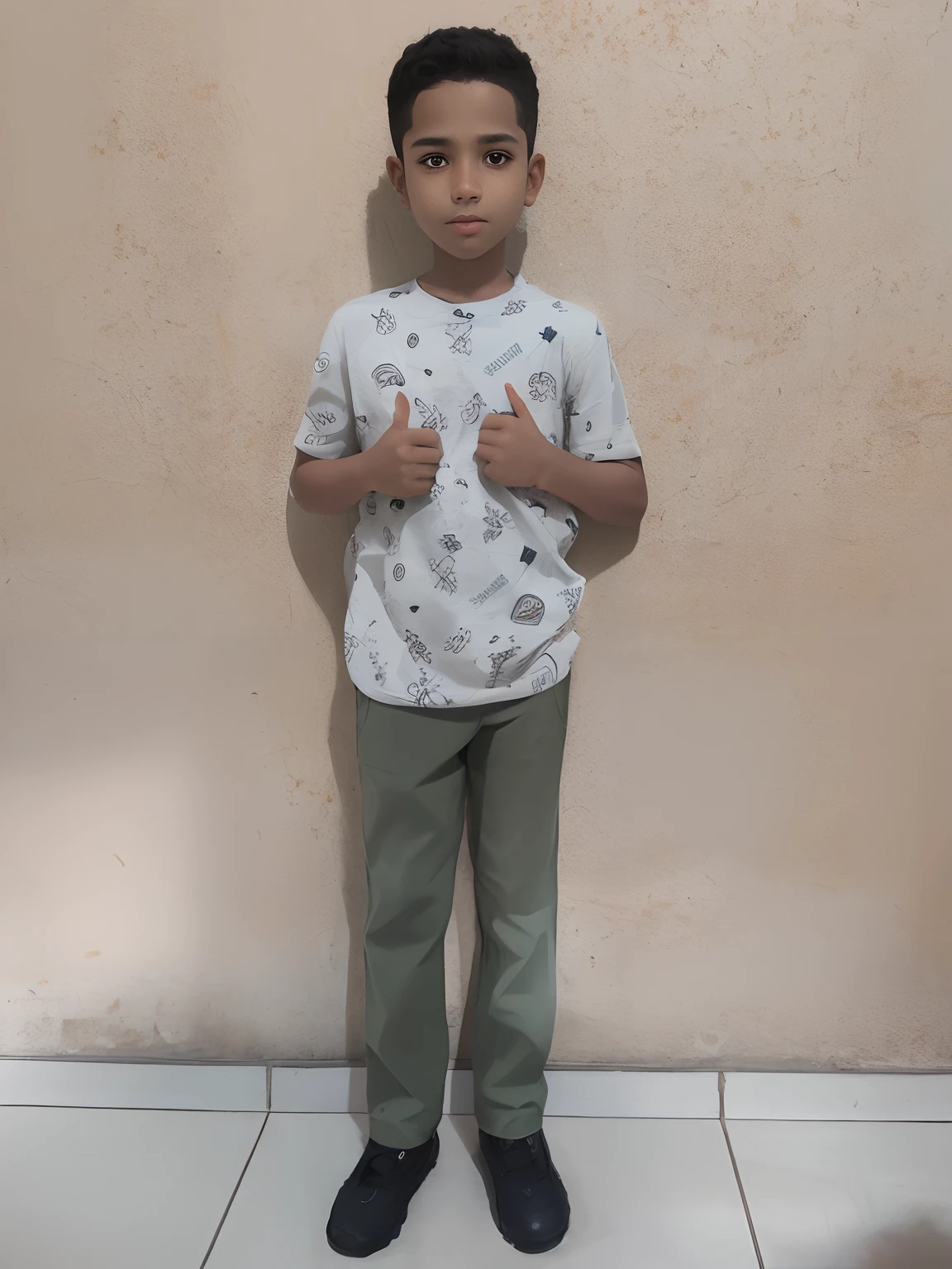 there is a young boy standing in front of a wall, full body picture, riyahd cassiem, full body photograph, portrait full body, ismail, standing in class, reyyan, frontal pose, inspired by Fathi Hassan, mohamed chahin, inspired by Abidin Dino, full body photogenic shot, full body portrait shot, full body!