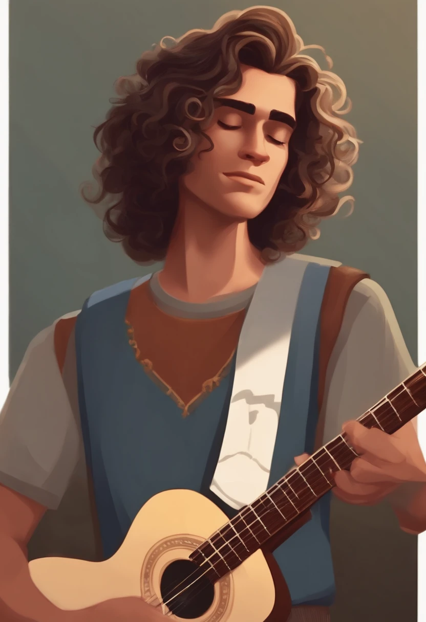 crie um banner no estilo Pixar. Um loiro com cabelos curtos, Castanhos escuros, Curly and slightly grayish appearance, mas jovem, usando uma camiseta, Wearing jeans and holding a classical guitar with 7 strings.