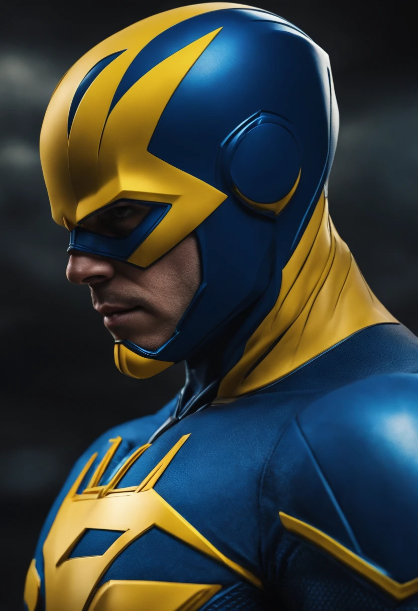 I want a drawing of a blue superhero that looks like the flash but with his blue and yellow clothing color coming out of it