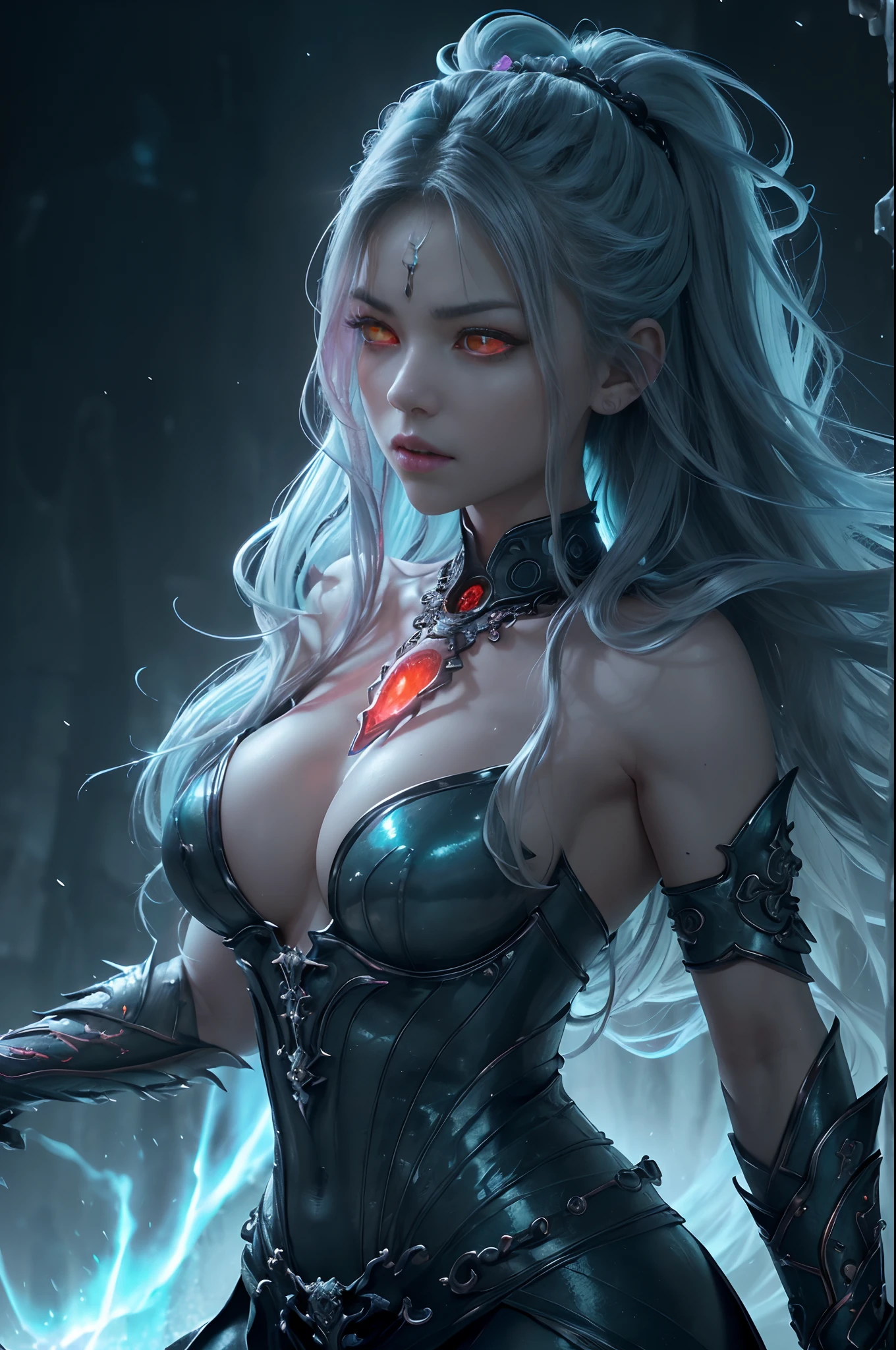 8K、Female demon with big、(number々Award-winning masterpiece、mind-blowing detail、Texture、Maximum detail)、(hyper realstic:1.4)、(realisitic:1.3)、(Upper Body Up:0.4)、Horns of an odd shape(Realistic textured skin of the highest quality)、(Elaborate perfectly symmetrical eyes)、Elaborate face、((medieval world))、((The Lord's Ice Devil))、((The Ice Devil of the Lord's Hell))、(Ice Wall and Ice Eye)、(Like the whole body:1.6)、 (Horrible forms)、(Eyes glowing red in the dark:1.5)、(A pair of red eyes emitting a strong light, blue light from inside:1.5)、(Swirling wall of snow and ice in the background)、(dramatic light)、(A majestic sight)、(angry expressions)、Jewelry piercings in the ears、 (dramatic pose)、(Mohican)、(silber hair)、(maroon hair)、(Upturned hair)、((Downward hair)、(A simple necklace with exquisite workmanship around the neck)、(Bioluminescence with a brilliant glow:1.4)、(Fancy Flame Magic:1.3)、(Swirling flames)、 The Great Temple of the Devil、 Great Temple、 Great Temple、great cathedral、Temple ruins、Separate Temples、(Luminous Magic Circle)、Ruins of the old castle、Shining majestic cloud masses and sky、lightning、Epic graphics、Faded、art by、(by Greg Rutkowski:1.2)、(teal and orange:0.8)、(art stations:0.4)、cinematic、((Neutral Color))、(HDR:1.5)、(Subdued Color:1.5)、The ultra-detailliert、dramatic light、(intricate detailes:1.2)、the complex background、Sharply extended fangs、sharply elongated claws、Variant Demons、