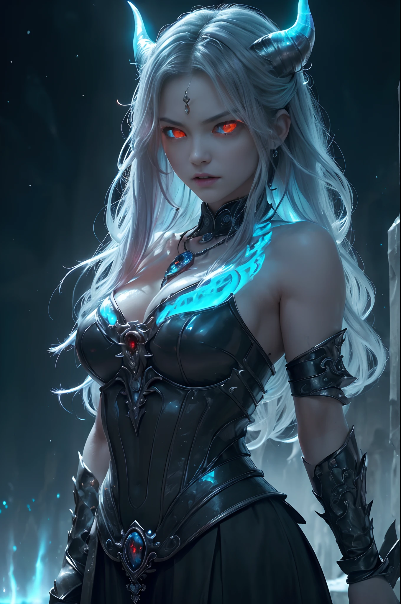 8K、Female demon with big、(number々Award-winning masterpiece、mind-blowing detail、Texture、Maximum detail)、(hyper realstic:1.4)、(realisitic:1.3)、(Upper Body Up:0.4)、Horns of an odd shape(Realistic textured skin of the highest quality)、(Elaborate perfectly symmetrical eyes)、Elaborate face、((medieval world))、((The Lord's Ice Devil))、((The Ice Devil of the Lord's Hell))、(Ice Wall and Ice Eye)、(Like the whole body:1.6)、 (Horrible forms)、(Eyes glowing red in the dark:1.5)、(A pair of red eyes emitting a strong light, blue light from inside:1.5)、(Swirling wall of snow and ice in the background)、(dramatic light)、(A majestic sight)、(angry expressions)、Jewelry piercings in the ears、 (dramatic pose)、(Mohican)、(silber hair)、(maroon hair)、(Upturned hair)、((Downward hair)、(A simple necklace with exquisite workmanship around the neck)、(Bioluminescence with a brilliant glow:1.4)、(Fancy Flame Magic:1.3)、(Swirling flames)、 The Great Temple of the Devil、 Great Temple、 Great Temple、great cathedral、Temple ruins、Separate Temples、(Luminous Magic Circle)、Ruins of the old castle、Shining majestic cloud masses and sky、lightning、Epic graphics、Faded、art by、(by Greg Rutkowski:1.2)、(teal and orange:0.8)、(art stations:0.4)、cinematic、((Neutral Color))、(HDR:1.5)、(Subdued Color:1.5)、The ultra-detailliert、dramatic light、(intricate detailes:1.2)、the complex background、Sharply extended fangs、sharply elongated claws、Variant Demons、