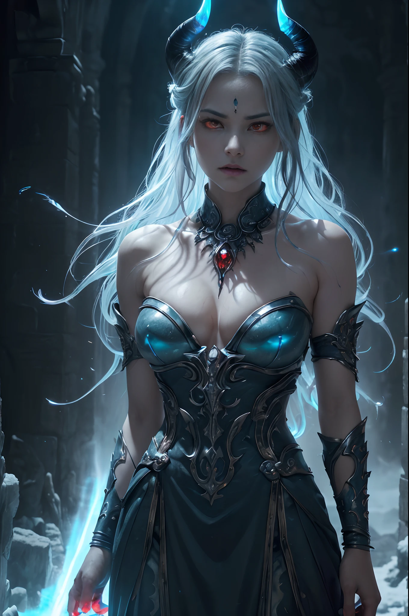 8K、Female demon with big、(number々Award-winning masterpiece、mind-blowing detail、Texture、Maximum detail)、(hyper realstic:1.4)、(realisitic:1.3)、(Upper Body Up:0.4)、Horns of an odd shape(Realistic textured skin of the highest quality)、(Elaborate perfectly symmetrical eyes)、Elaborate face、((medieval world))、((The Lord's Ice Devil))、((The Ice Devil of the Lord's Hell))、(Ice Wall and Ice Eye)、(Like the whole body:1.6)、 (Horrible forms)、(Eyes glowing red in the dark:1.5)、(A pair of red eyes emitting a strong light, blue light from inside:1.5)、(Swirling wall of snow and ice in the background)、(dramatic light)、(A majestic sight)、(angry expressions)、Jewelry piercings in the ears、 (dramatic pose)、(Mohican)、(silber hair)、(maroon hair)、(Upturned hair)、((Downward hair)、(A simple necklace with exquisite workmanship around the neck)、(Bioluminescence with a brilliant glow:1.4)、(Fancy Flame Magic:1.3)、(Swirling flames)、 The Great Temple of the Devil、 Great Temple、 Great Temple、great cathedral、Temple ruins、Separate Temples、(Luminous Magic Circle)、Ruins of the old castle、Shining majestic cloud masses and sky、lightning、Epic graphics、Faded、art by、(by Greg Rutkowski:1.2)、(teal and orange:0.8)、(art stations:0.4)、cinematic、((Neutral Color))、(HDR:1.5)、(Subdued Color:1.5)、The ultra-detailliert、dramatic light、(intricate detailes:1.2)、the complex background、Sharply extended fangs、sharply elongated claws、Variant Demons、