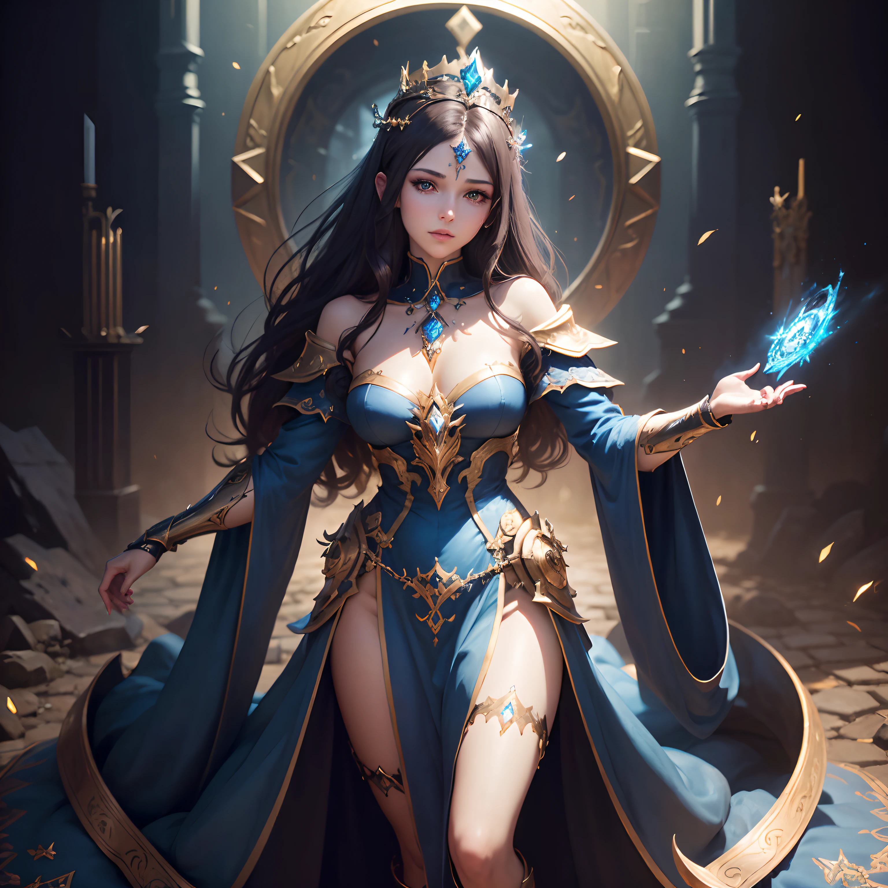 Mythical nordic norn witch young maiden, with long, dark hair and eyes full of curiosity and mystery. She is dressed in a sleek, futuristic Norse gown, symbolizing the unknown future. In her hands, she holds a crystal ball or a scroll yet to be unrolled, symbolizing the future yet to unfold, perfect body, looking into camera, anime style