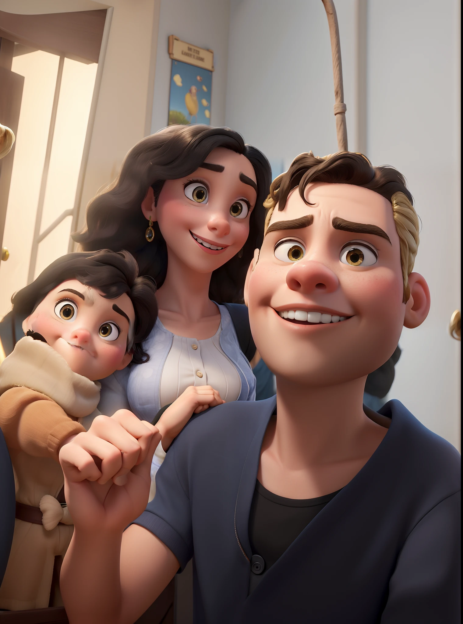 Obra-prima ao estilo Disney/Pixar in high quality and high resolution. The woman in the front is blonde and the man has black hair.