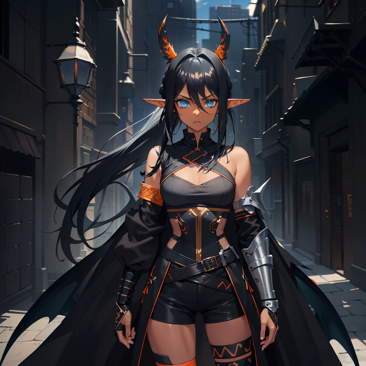 1girl , (((Dark Skin)))), Black Hair with Ponytail, (((Blue Eyes))), ((Black Metallic Gauntlets and Greaves with Orange and Silver Highlights)), (((The Clothes Have a Mix of Modern and Tribal))), (((The Clothes Have a Mix of Modern and Tribal))), having mostly the color black, but having parts in orange, shoulders exposed, at the hip a shorts that extend to half of the thigh of black color. ((Black Overcoat with a orange inner part)) absurd res, best res, high res, best face, best eyes, (((Dragon Tail))), ((Elf Ears))