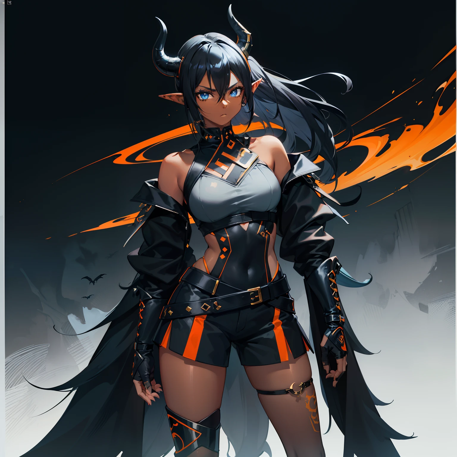 1girl , (((Dark Skin)))), Black Hair with Ponytail, (((Blue Eyes))), ((Black Metallic Gauntlets and Greaves with Orange and Silver Highlights)), (((The Clothes Have a Mix of Modern and Tribal))), (((The Clothes Have a Mix of Modern and Tribal))), having mostly the color black, but having parts in orange, shoulders exposed, at the hip a shorts that extend to half of the thigh of black color. ((Black Overcoat with a orange inner part)) absurd res, best res, high res, best face, best eyes, (((Dragon Tail))), ((Elf Ears))